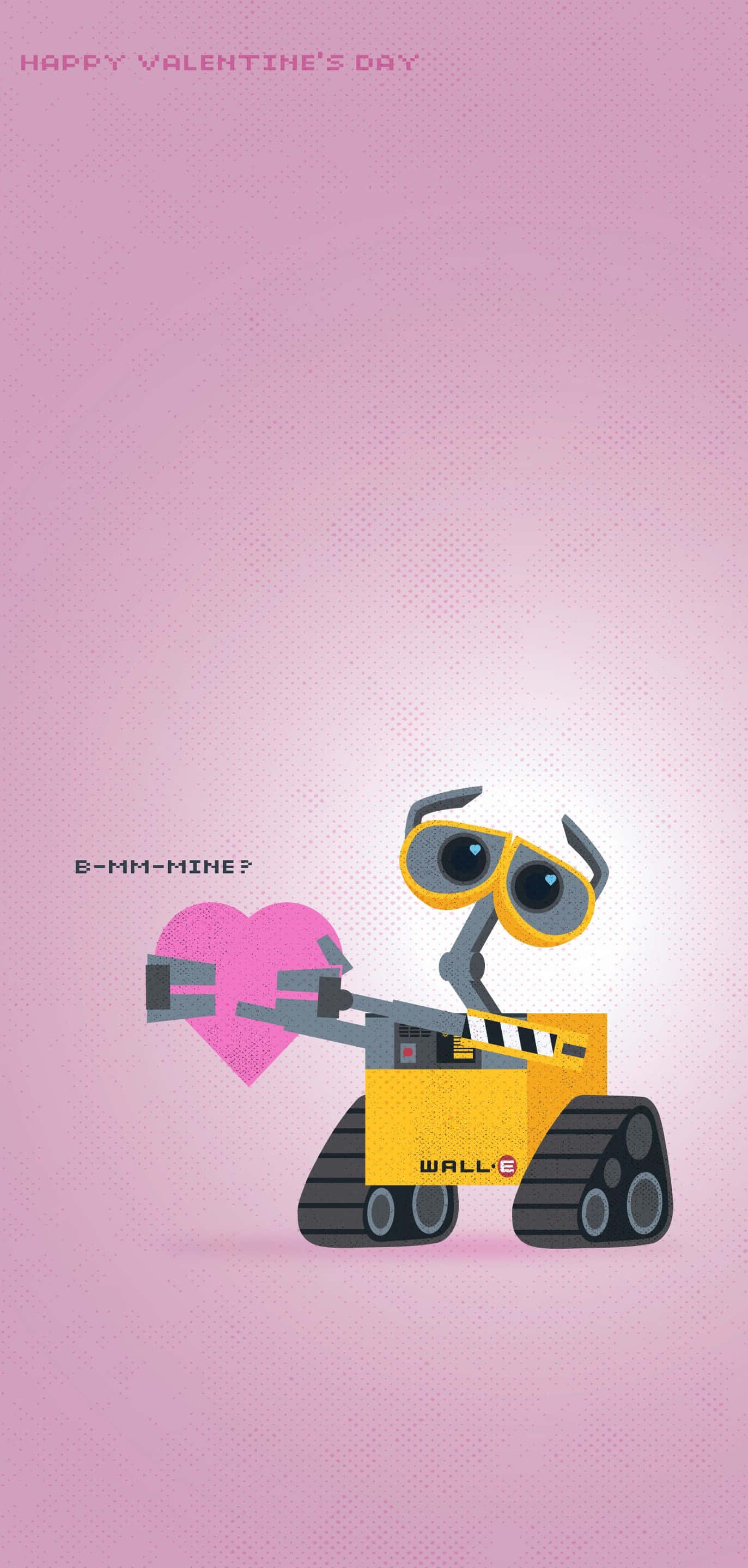 Disney Valentine 桌布 壁紙 — Wall-E 手持粉紅色心形，表情充滿希望，背景是柔和的粉紅色，並有 'Happy Valentine's Day' 文字。
