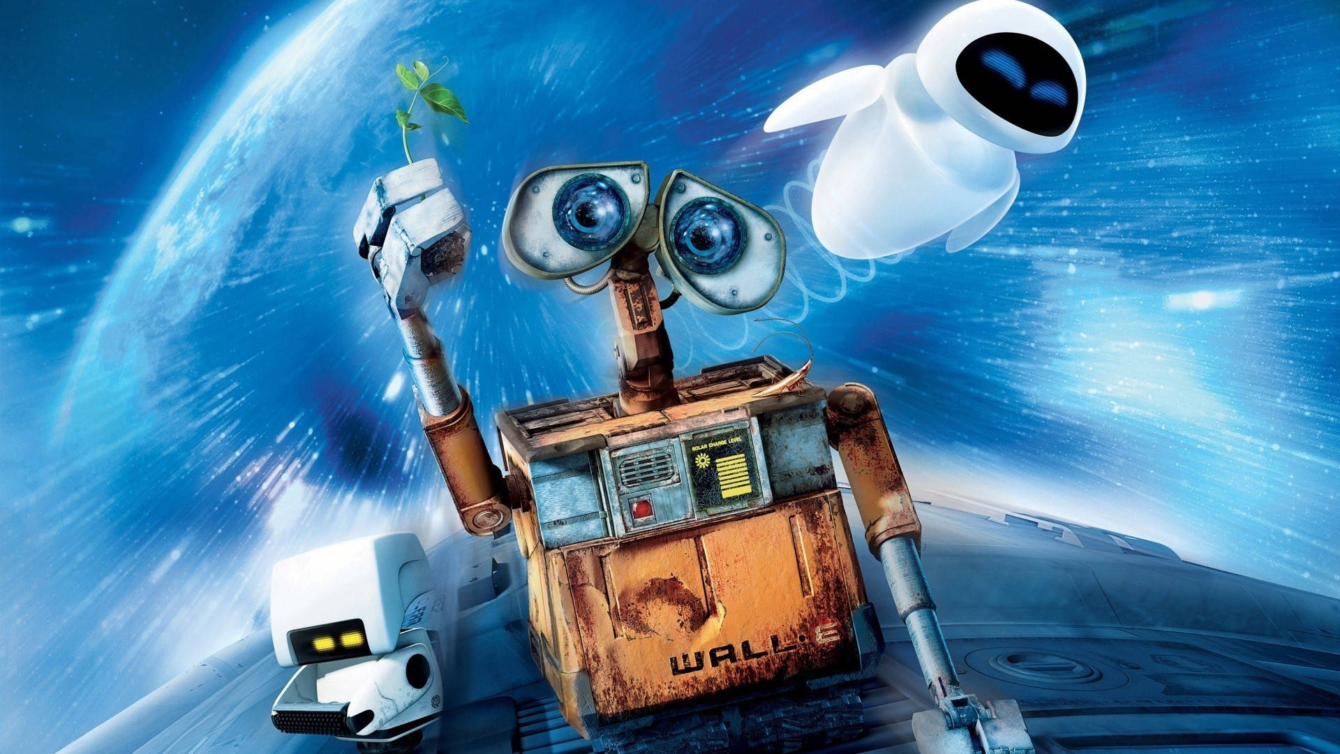 E 桌布 壁紙 — WALL-E 拿著一棵嫩芽，與EVE在旋轉的藍色太空背景中漂浮，地球清晰可見。