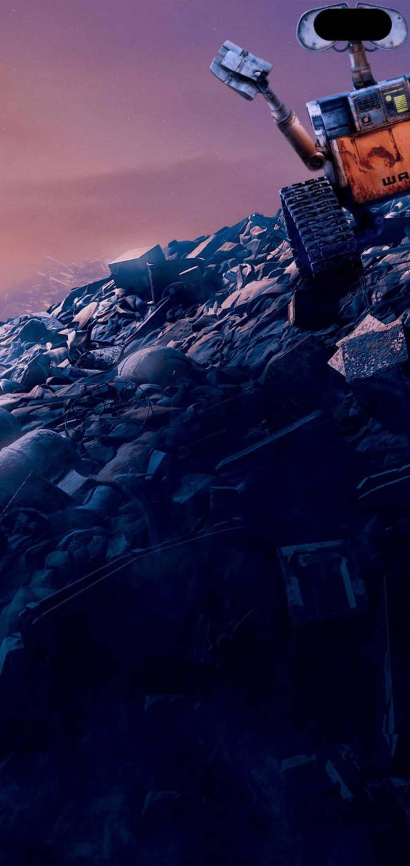 Galaxy S10 Plus 桌布 壁紙 — Wall-E 獨自站在岩石外星景觀上，天空呈暗紫色。