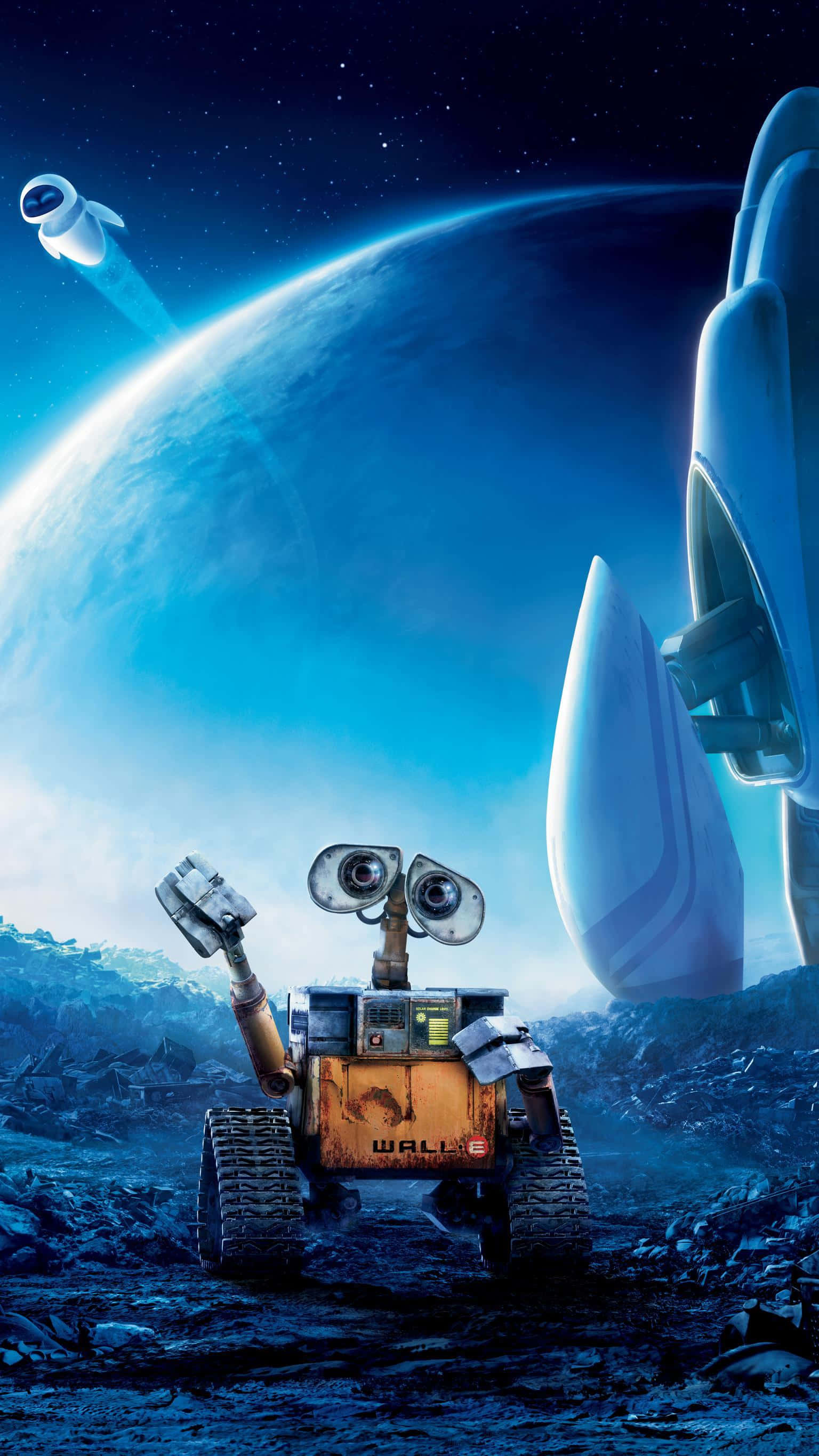 Wall E 桌布 壁紙 — WALL-E 站在一個岩石星球上，凝視著一艘巨大的太空船和遙遠的地球，背景是星空。