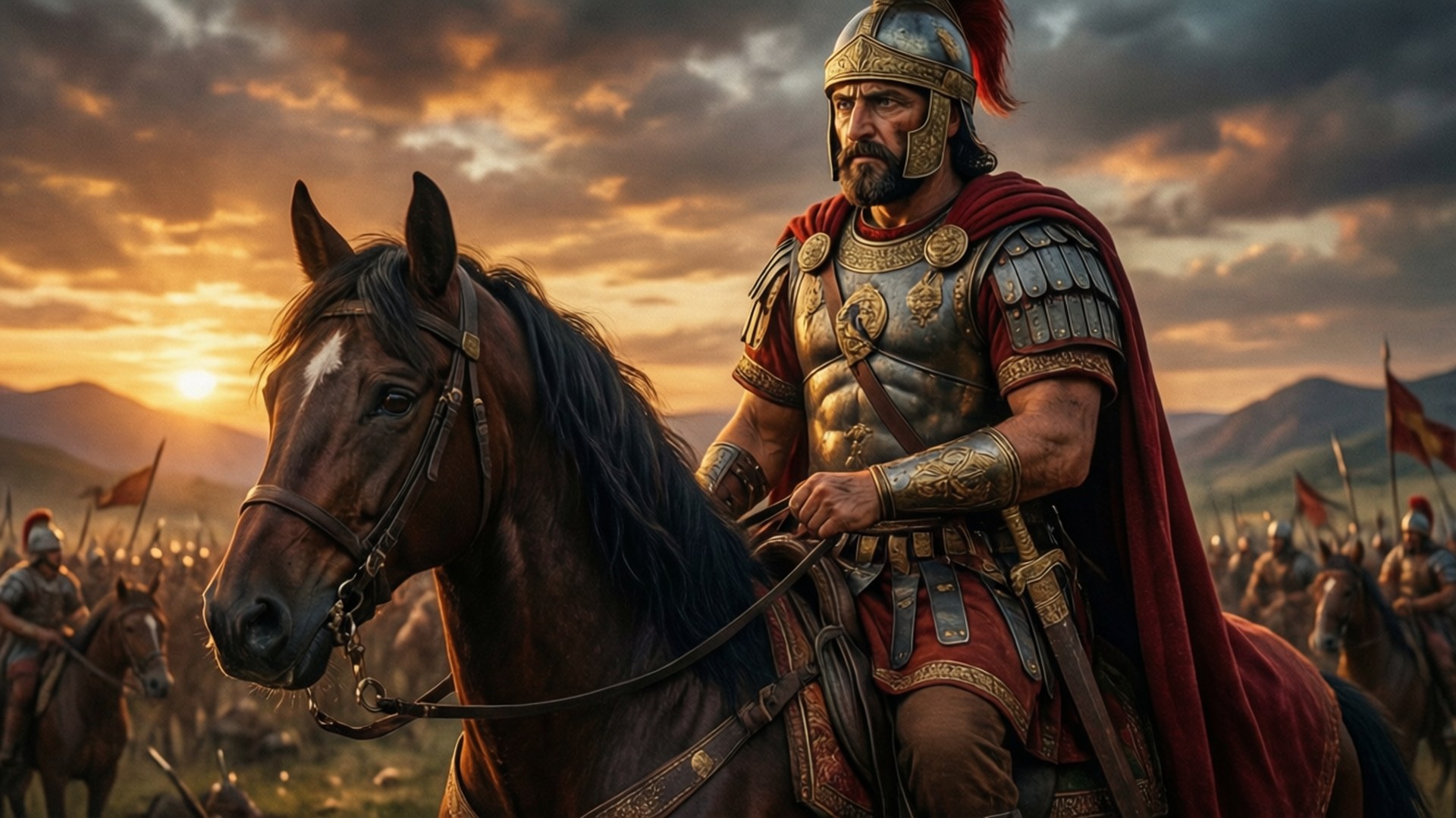Belisarius 桌布 壁紙 — 一位身穿華麗盔甲的羅馬將軍在日落時騎著一匹黑馬，他的軍隊正穿越多山的戰場行軍。