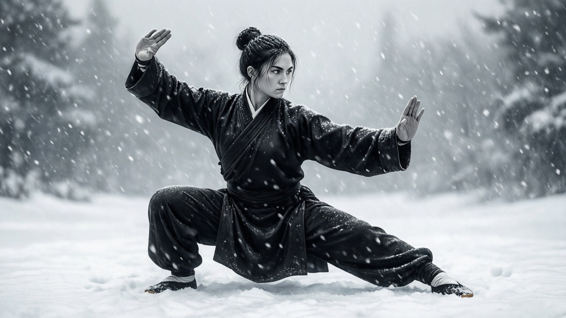Bagua 桌布 壁紙 — 一位身穿黑色長袍的武術家在冬日森林的飄雪中擺出專注的姿勢。