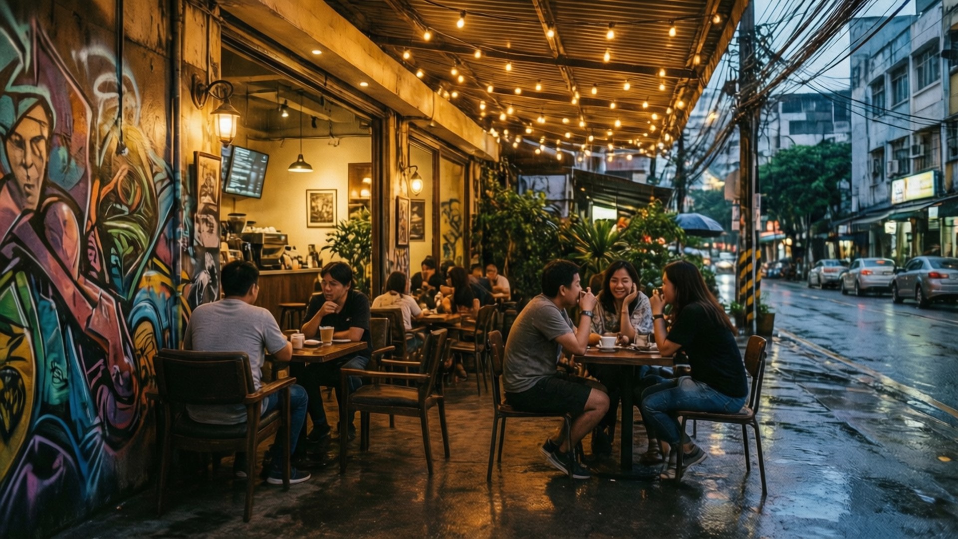 Poblacion Coffee Evening 壁紙 — 人們在雨天的城市街道上，聚集在充滿活力的塗鴉牆旁的戶外咖啡桌，上方掛著串燈。