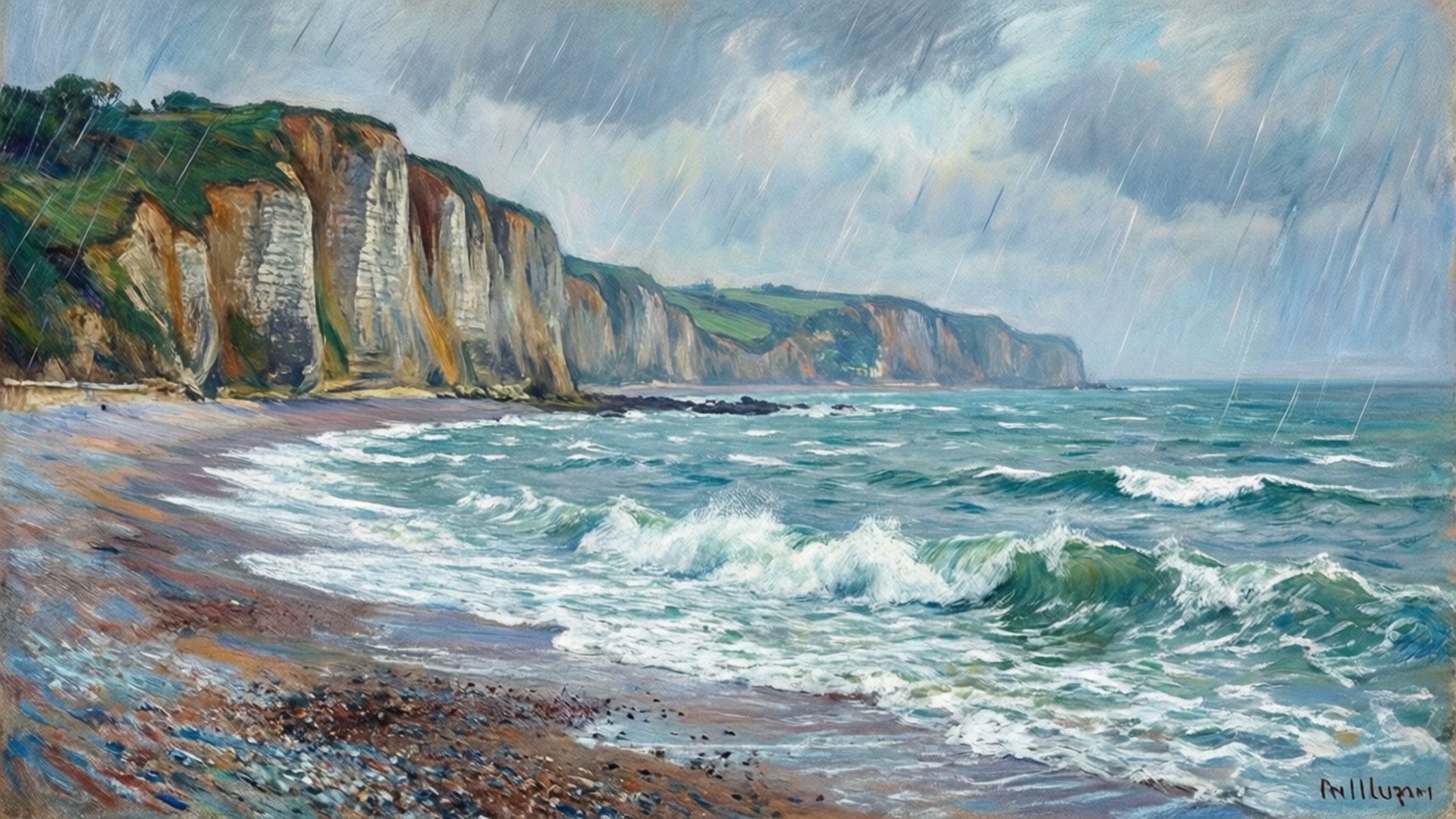 Pourville Stormy Shore 壁紙 — 雨水沿著崎嶇的懸崖流下，海浪在暴風雨的天空下拍打卵石海灘。