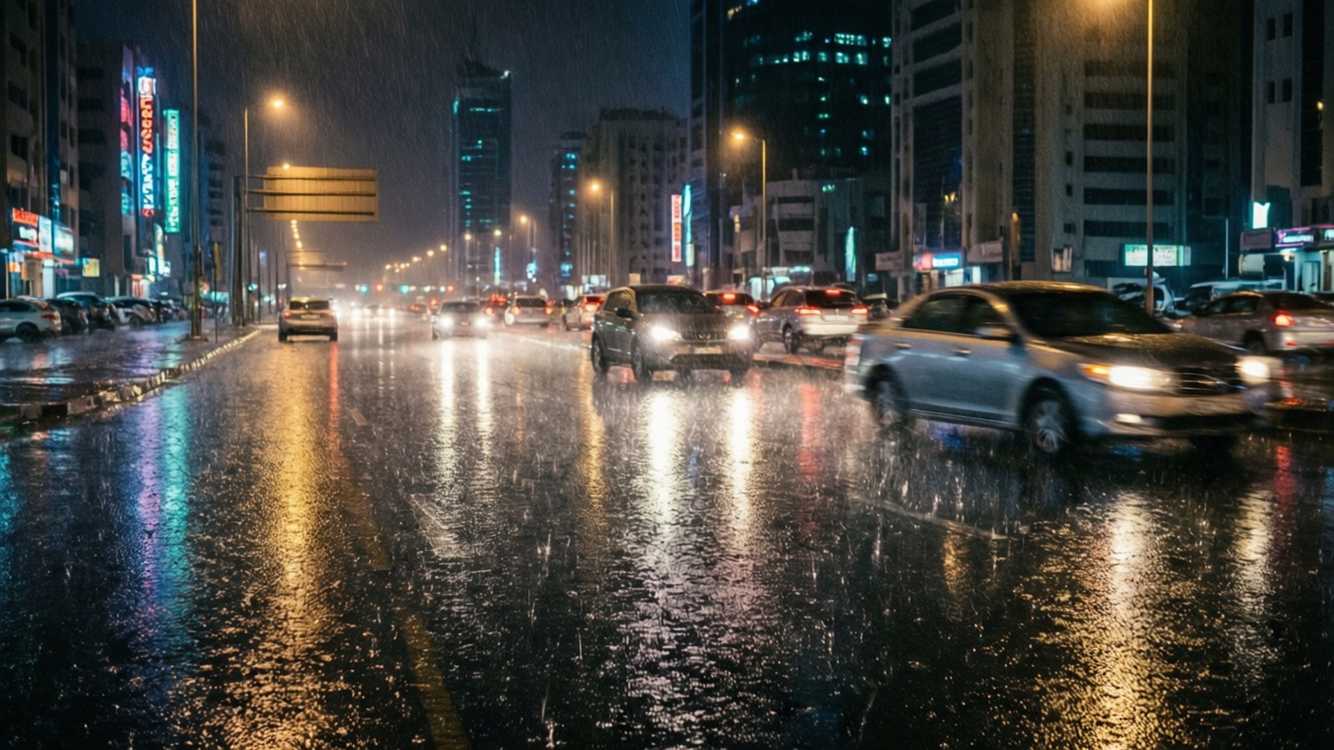 Rainy Kuwait Night 壁紙 — 雨濕的夜晚城市街道，在聳立的霓虹燈建築下，閃爍的車頭燈在濕漉漉的路面上反射。