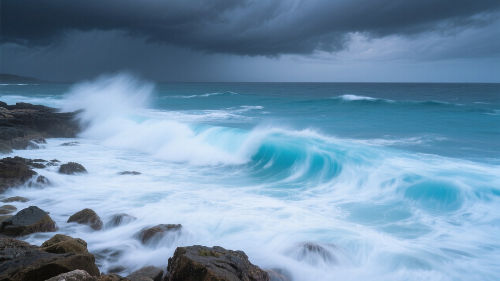 Periwinkle Stormy Shores 壁紙 — 強勁的藍綠色波浪在陰沉暴風雨的天空下衝擊著深色岩石。
