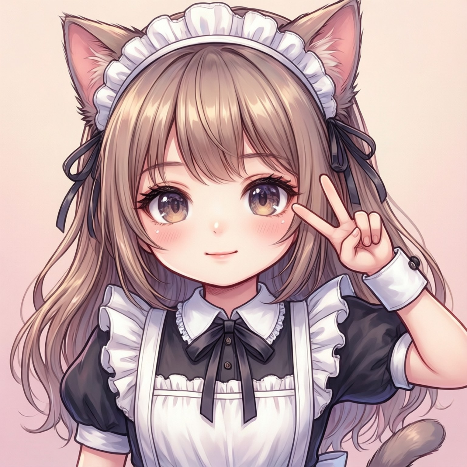 Cute Anime Meme 壁紙 — 一個開心的動漫女孩，戴著貓耳和女僕裝，微笑著做出和平手勢。