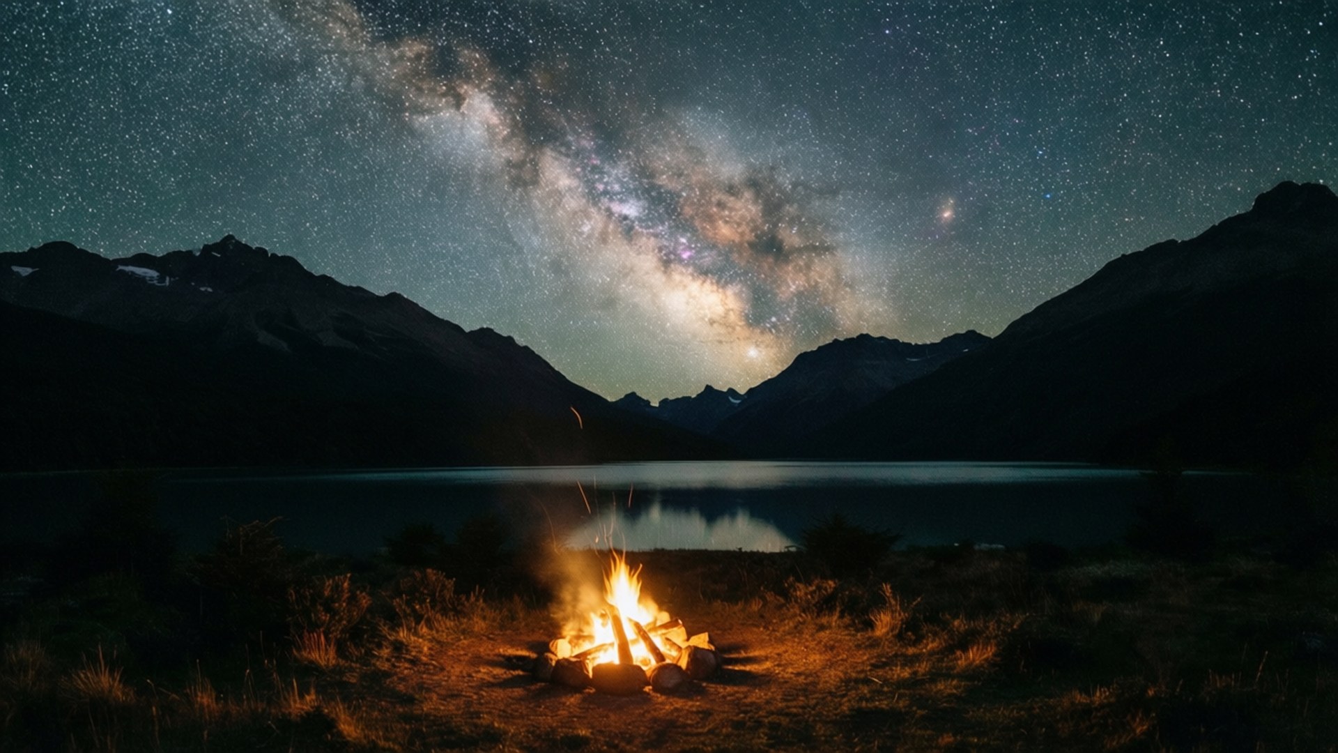 Milky Way Over the Peaks 壁紙 — 熊熊營火在令人屏息的星空下溫暖地燃燒，銀河在平靜的湖面和黑暗的山脈上空拱起。