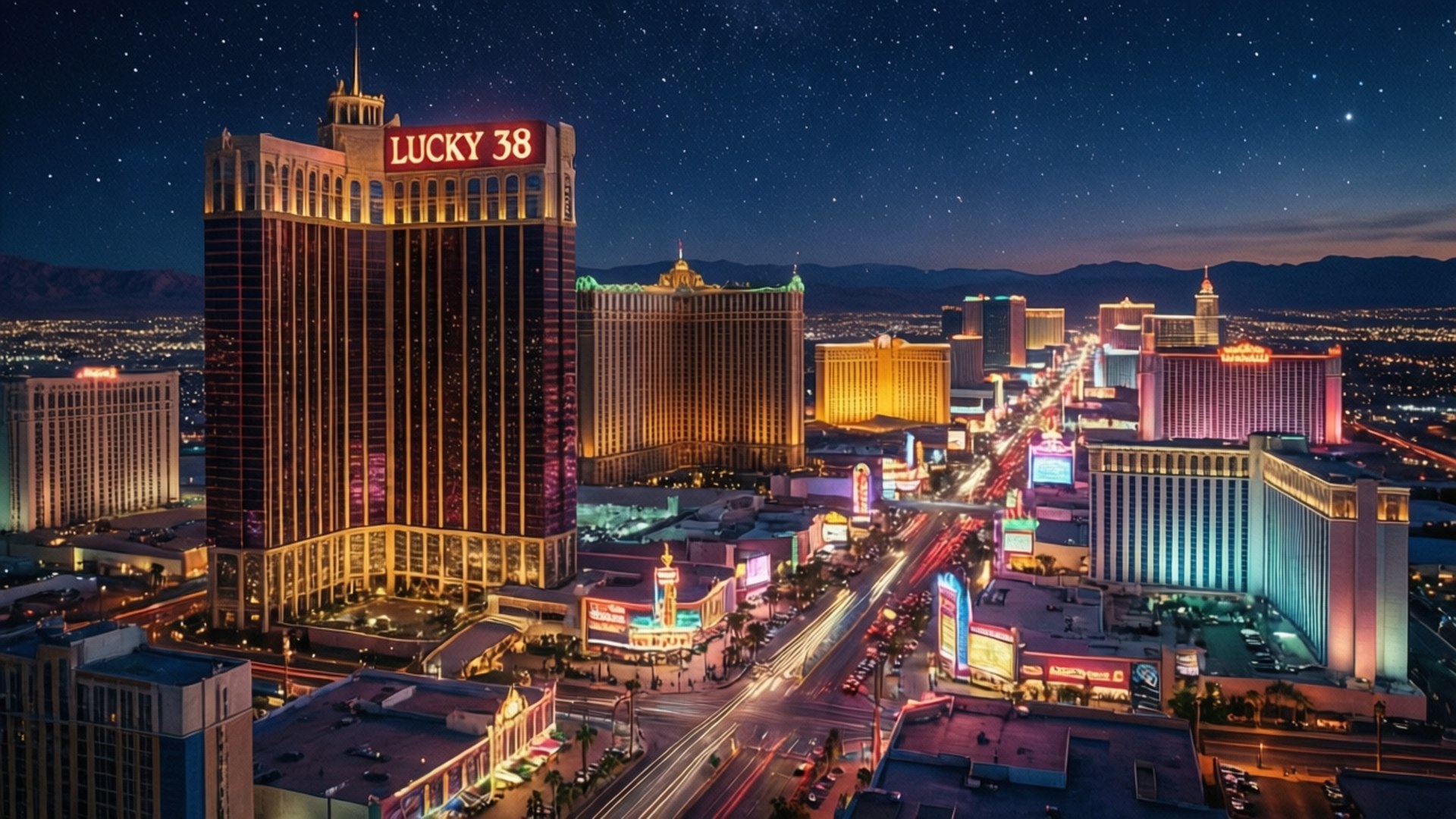 Neon Nights Over New Vegas 壁紙 — 拉斯維加斯大道在星空下閃爍賭場的迷人夜景。