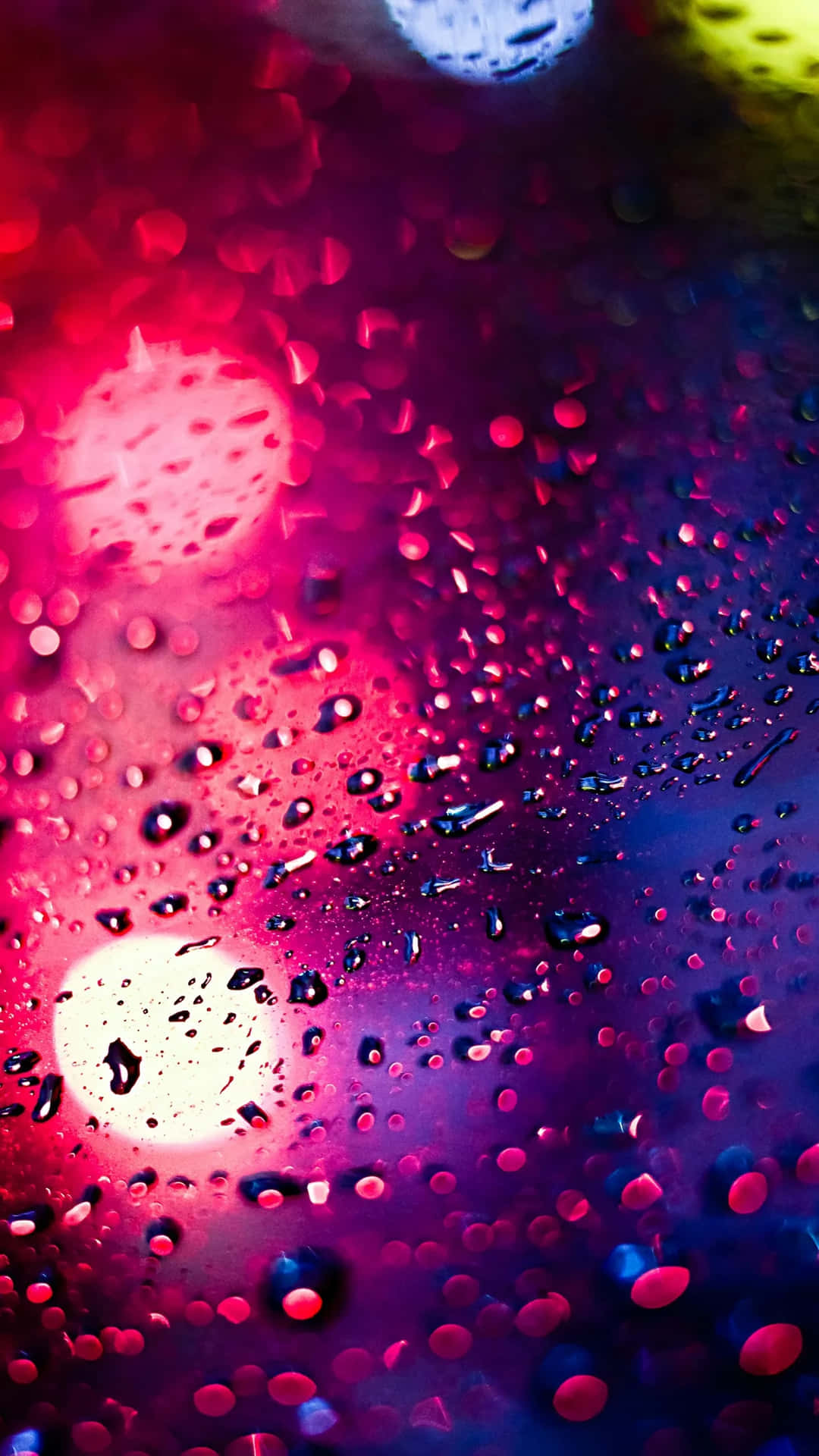  壁紙 — 充滿活力的霓虹燈光透過被雨水打濕的玻璃變得模糊，營造出夢幻多彩的散景效果。