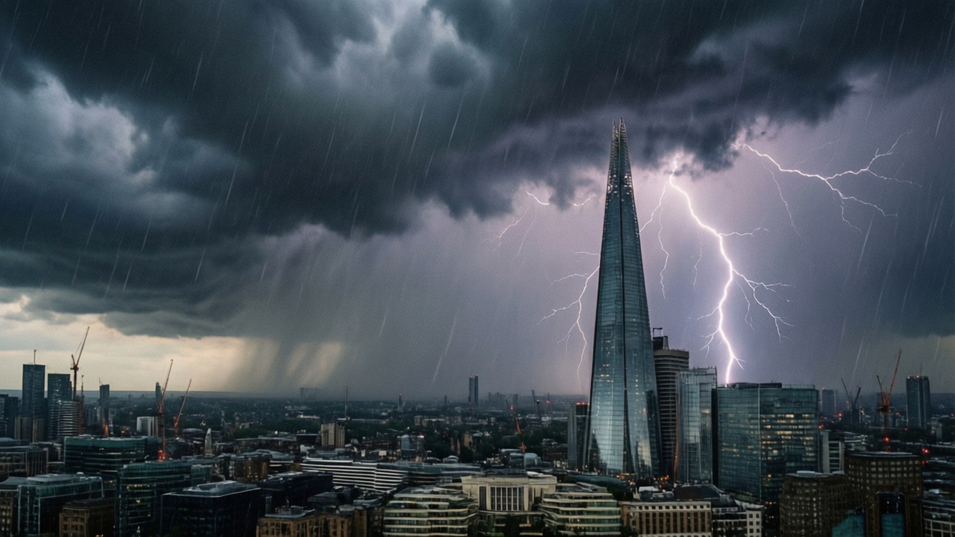London Thunderstorm 壁紙 — 一座高聳的摩天大樓在雷電交加的暴風雨中屹立不倒，下方是雨水浸透的城市景觀。