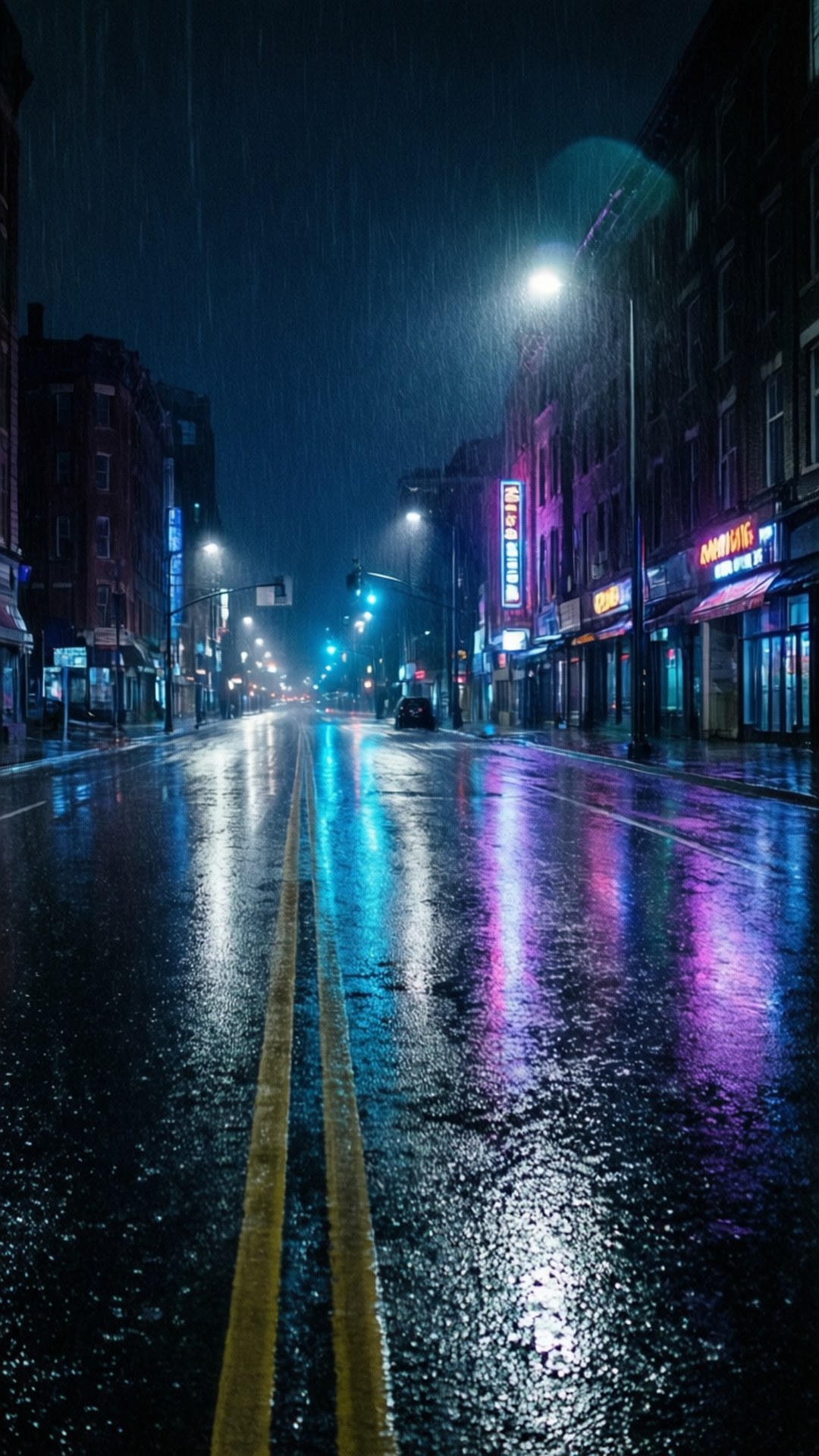 Neon Rain 壁紙 — 雨濕的夜晚城市街道在路燈下反射出鮮豔的藍色、粉紅色和黃色的霓虹燈招牌。