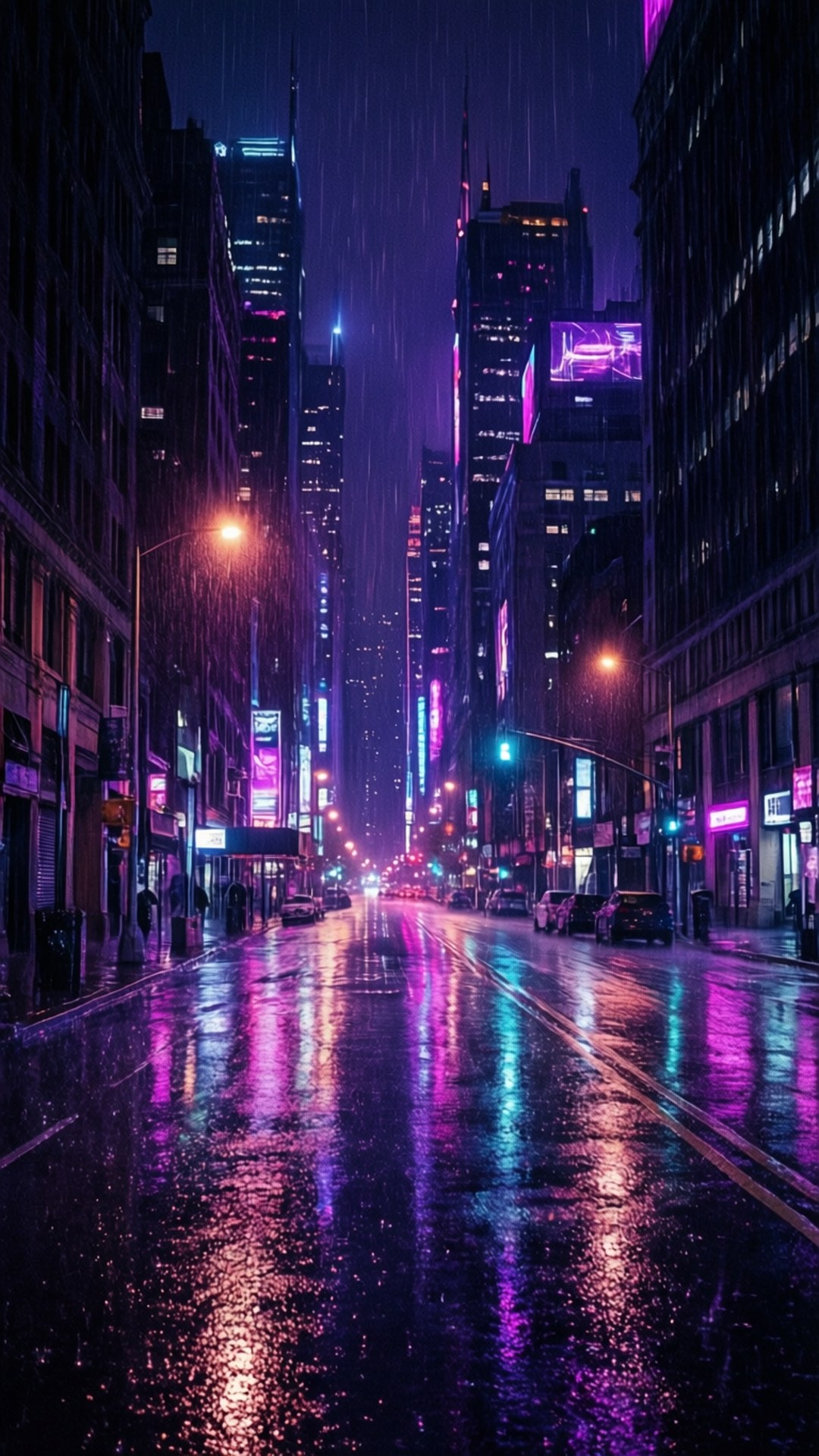 Neon Rain City 壁紙 — 雨濕的夜晚城市街道反射著高聳摩天大樓的霓虹燈光，呈現出賽博龐克的光芒。