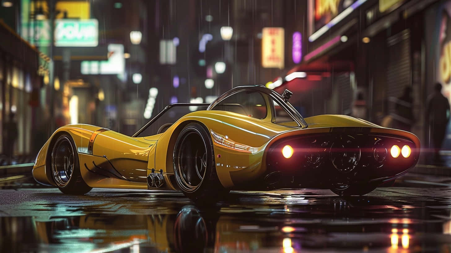  壁紙 — 一輛時尚的黃色跑車在夜晚的雨中霓虹燈城市街道上滑行，潮濕的路面上閃爍著反射光芒。