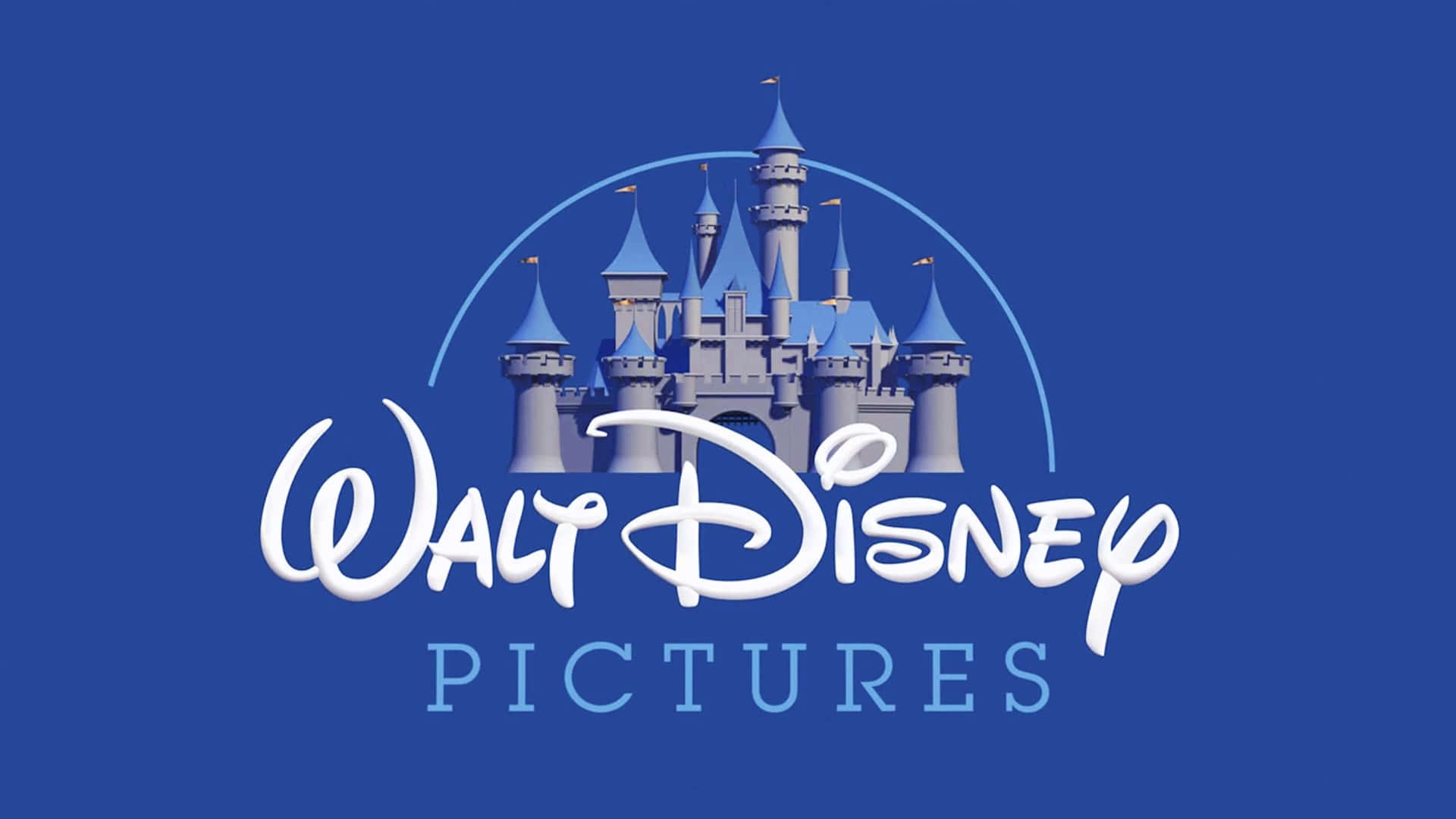 walt disney 桌布 壁紙 — Walt Disney Pictures 標誌，以灰色城堡搭配藍色屋頂，置於純藍色背景上。