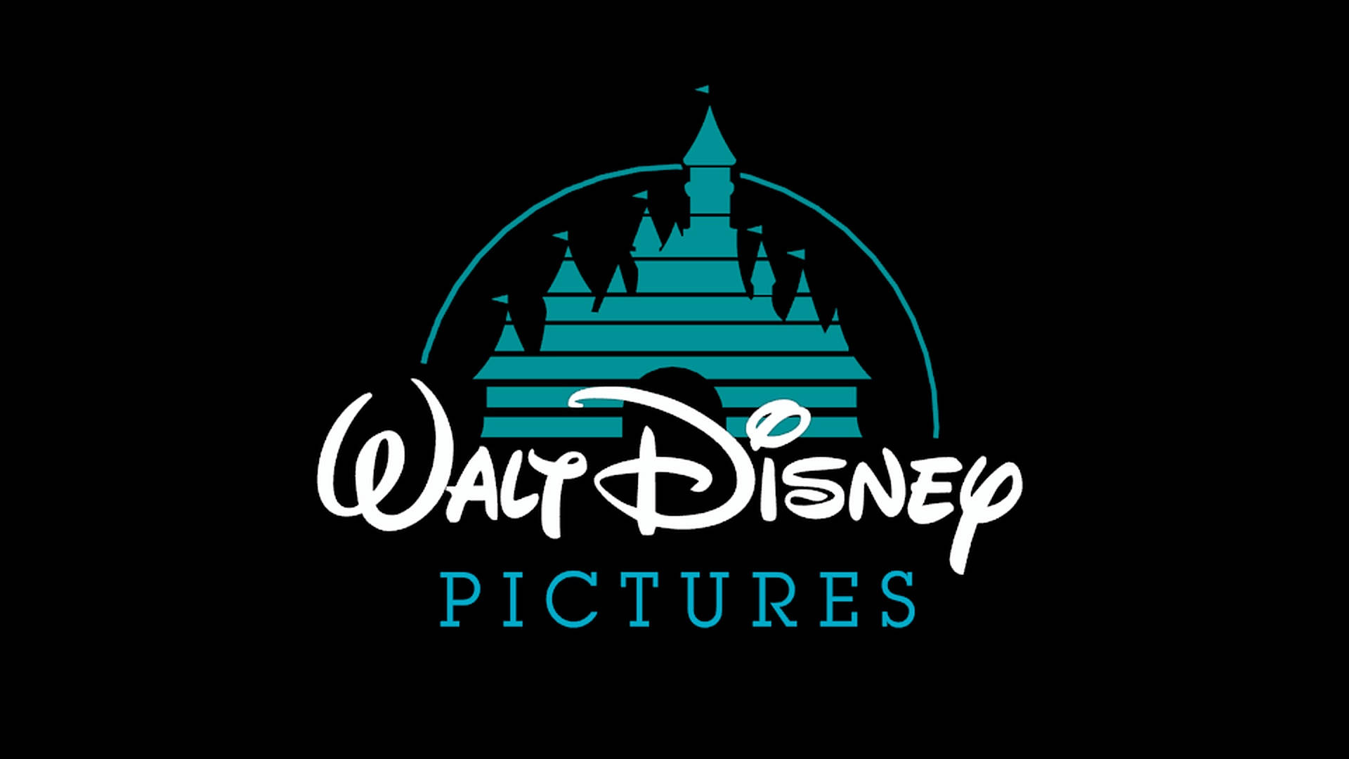 Disney Logo 桌布 壁紙 — Walt Disney Pictures 標誌，黑色背景上帶有青綠色城堡剪影和白色字體。