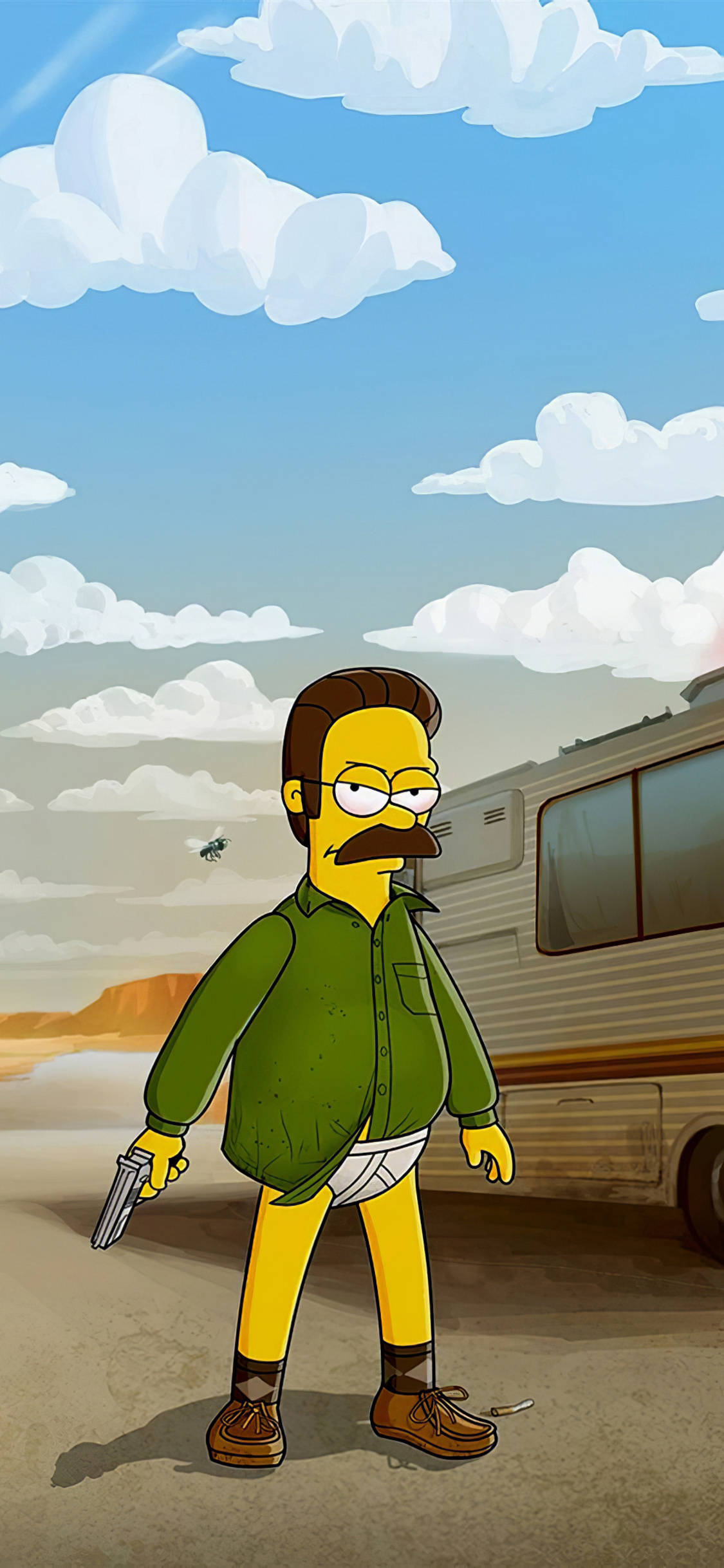 iPhone x cartoon 桌布 壁紙 — Walter White 在沙漠中站在露營車旁，在多雲的天空下拿著槍。
