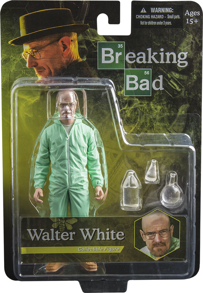 絕命毒師 桌布 壁紙 — Walter White 收藏級動作人偶，身穿綠色防護服，密封在泡殼包裝中，附有實驗室玻璃器皿配件。
