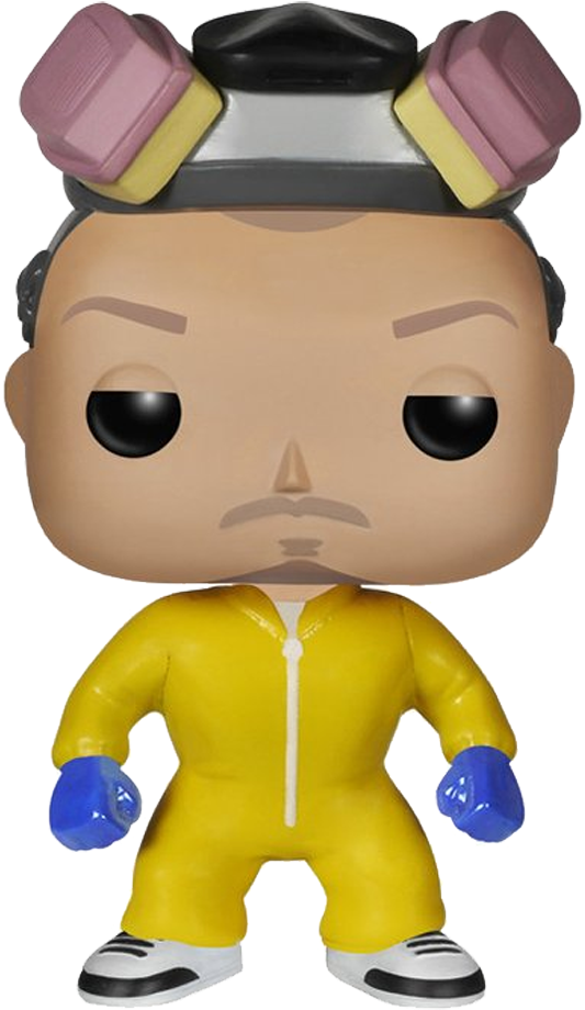絕命毒師 桌布 壁紙 — Walter White 的 Funko Pop 塑膠公仔，身穿標誌性黃色防護衣，配有粉紅色和黃色髮捲。