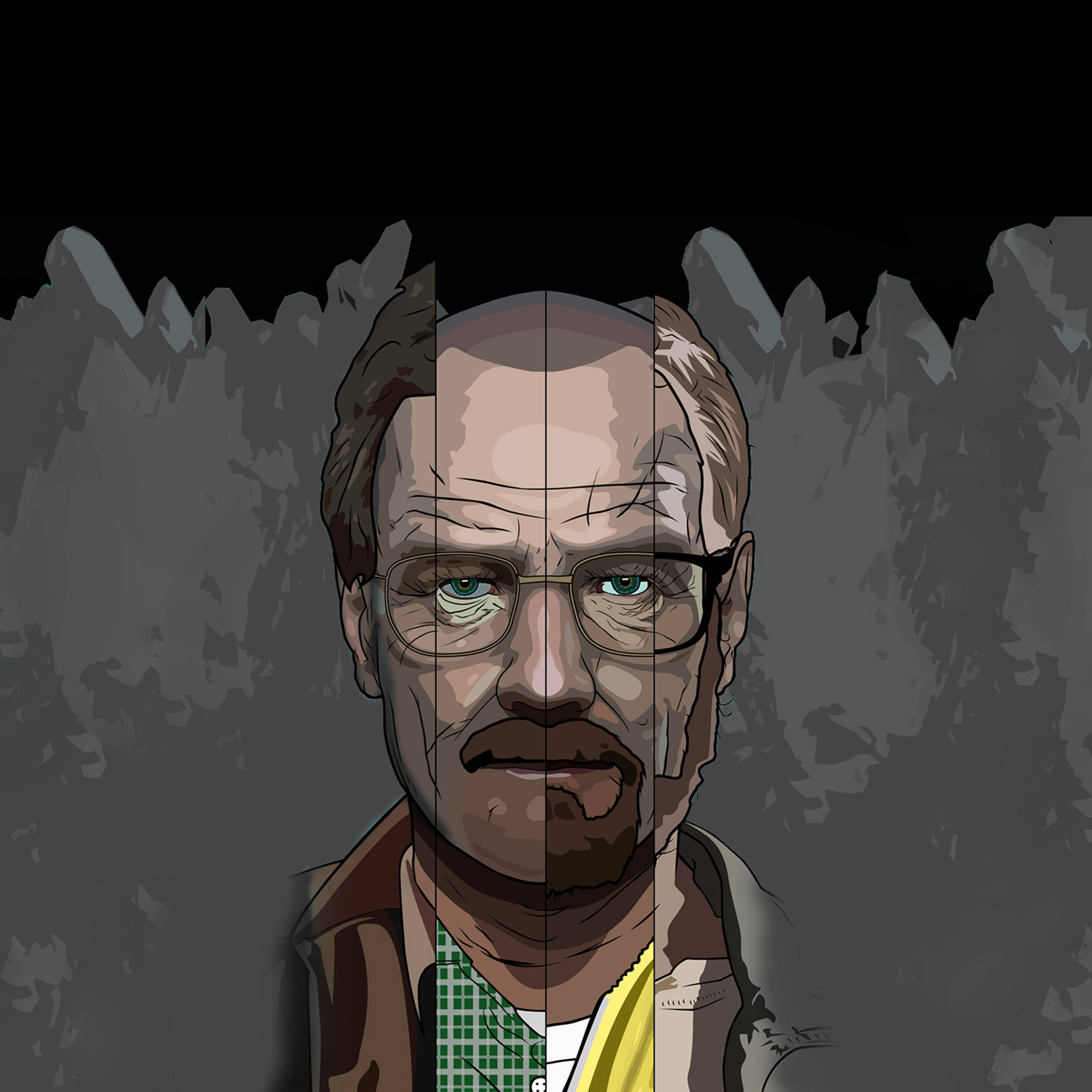 breaking 桌布 壁紙 — Walter White 的分面插圖，表情嚴肅，背景為深灰色紋理。