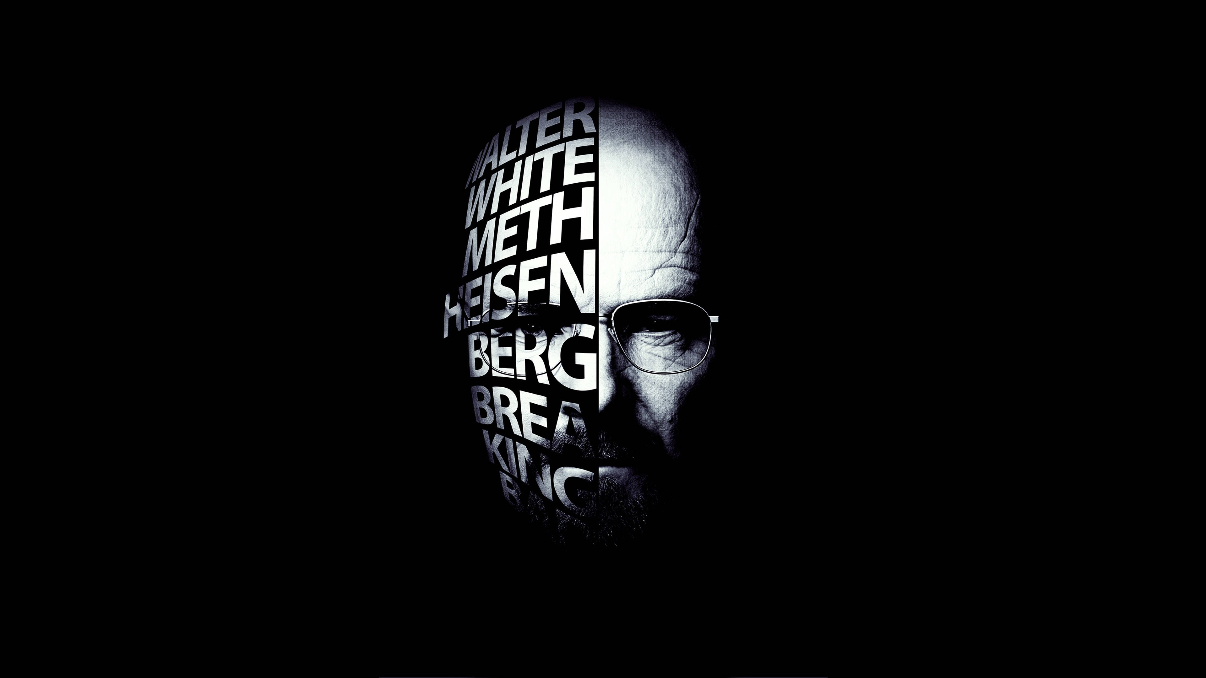 桌布 壁紙 — Walter White 的分面肖像，文字形成他的左半邊，背景為黑色。