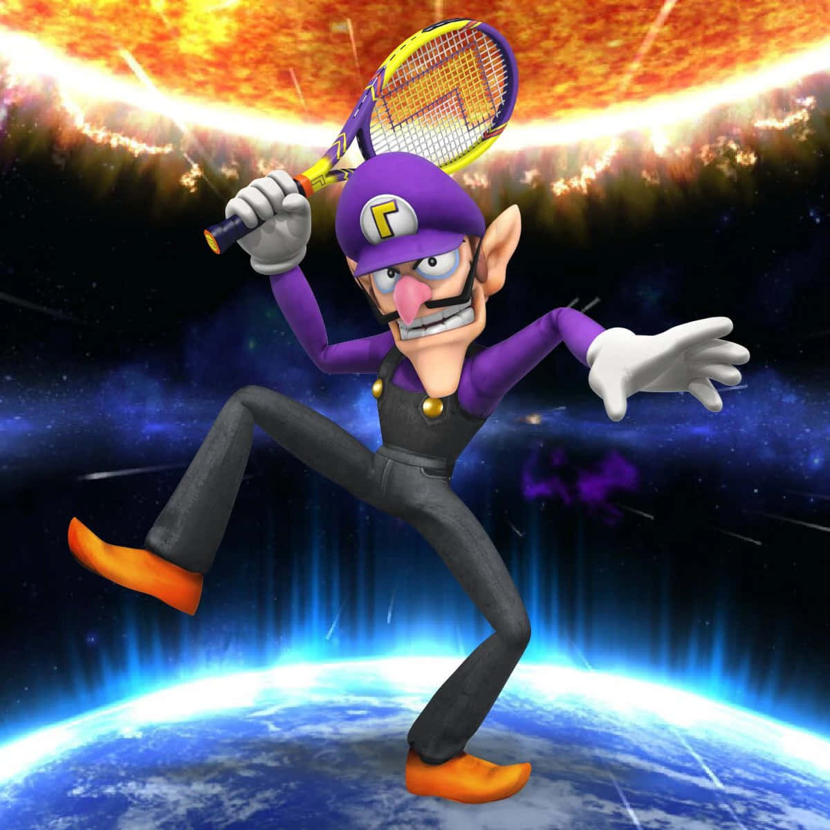 Waluigi 桌布 壁紙 — Waluigi 以動感姿勢揮動網球拍，背景是宇宙，地球在下方，熾熱的太陽在上方。