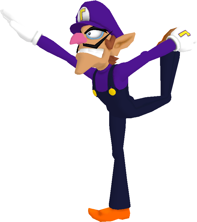 健身 桌布 壁紙 — Waluigi 以雙臂伸展的動態姿勢，襯托著純黑色背景。