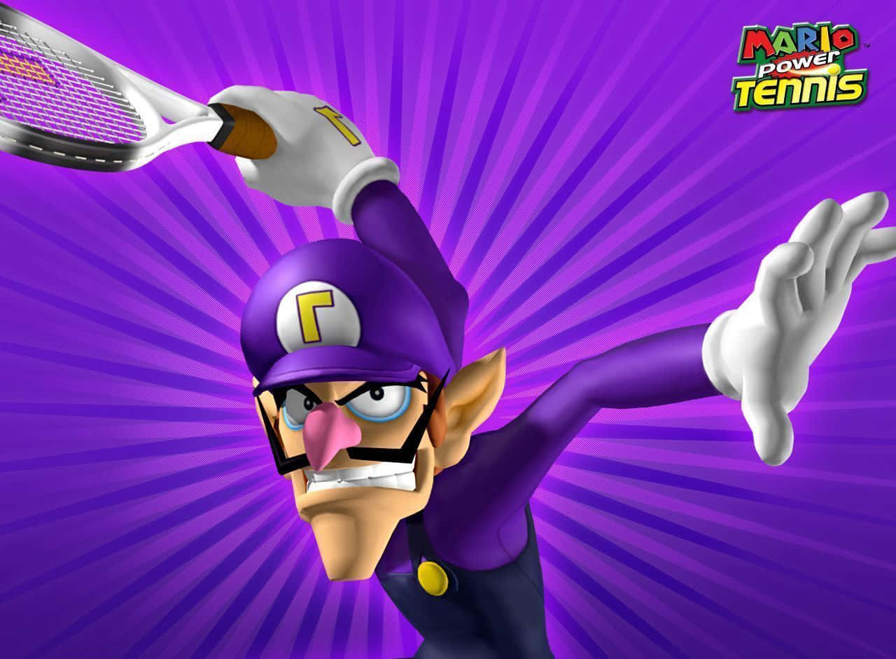 Waluigi 桌布 壁紙 — Waluigi 在充滿活力的紫色放射狀背景前，以強烈的決心揮動網球拍。