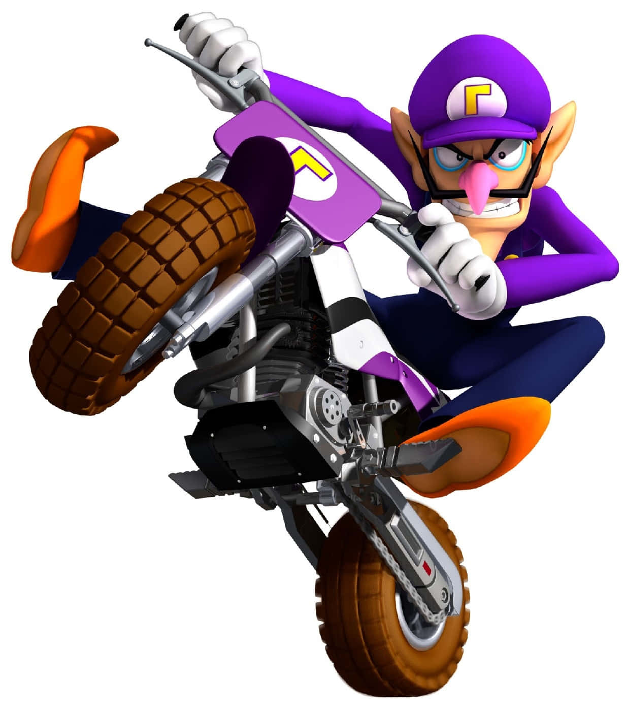 Waluigi 騎著越野摩托車，帶著堅定的表情表演後輪平衡。 — Sidhu Moose Wala 壁紙