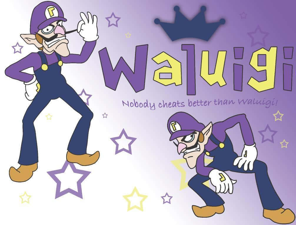 Waluigi 桌布 壁紙 — Waluigi 在紫色星空背景下自信地擺姿勢並咄咄逼人地蹲下，附有他的名字和標語。