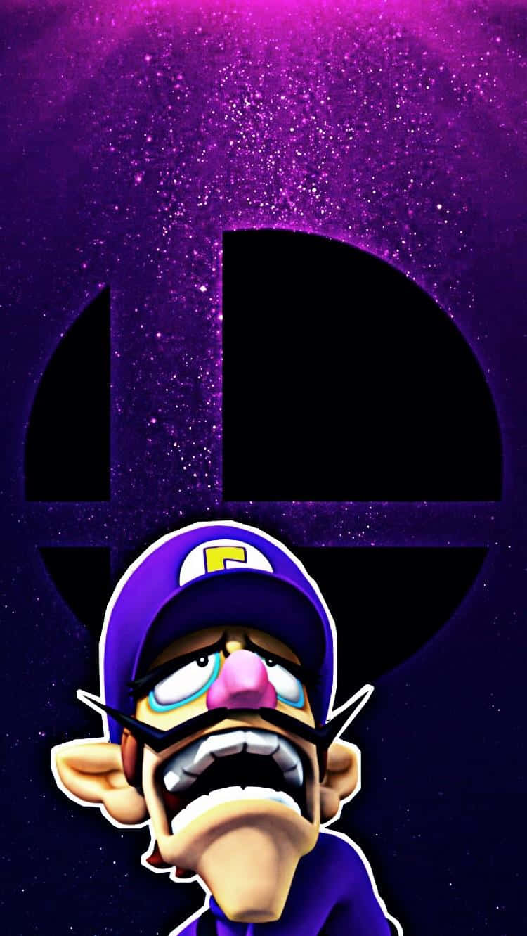 Waluigi 桌布 壁紙 — Waluigi 在紫色星空背景下憤怒尖叫，身後有一個巨大的PlayStation標誌。