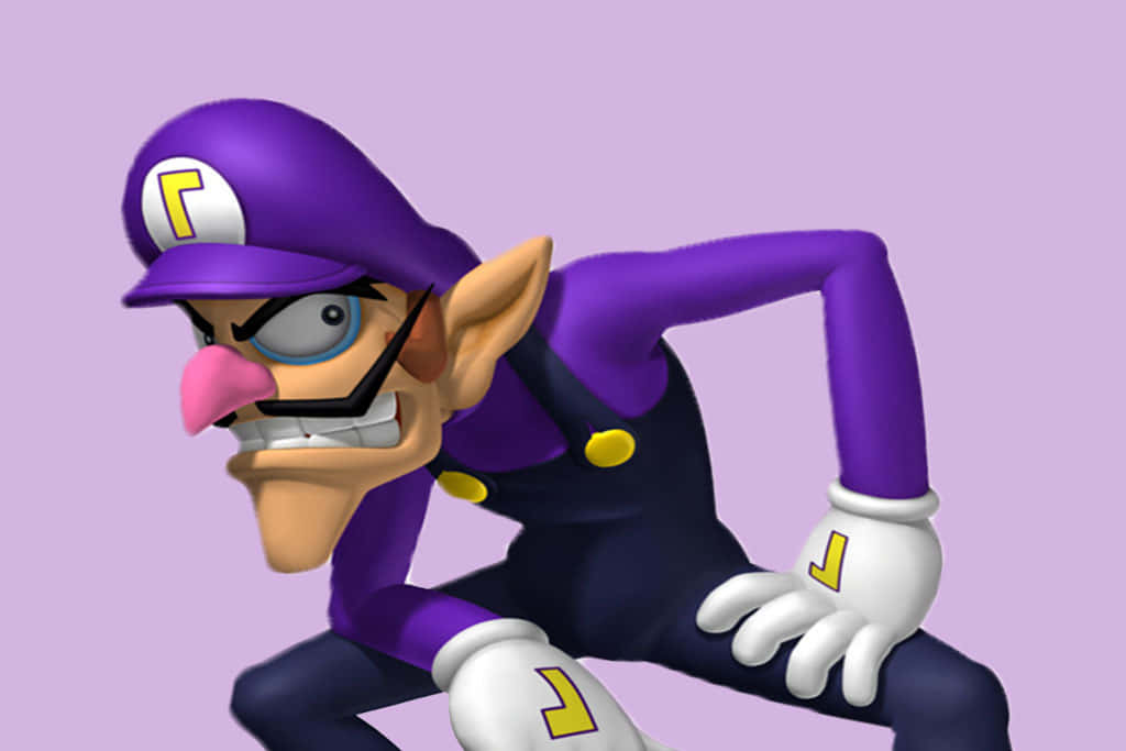 Waluigi 穿著紫色服裝，帶著狡猾的表情蹲下。 — Sidhu Moose Wala 壁紙