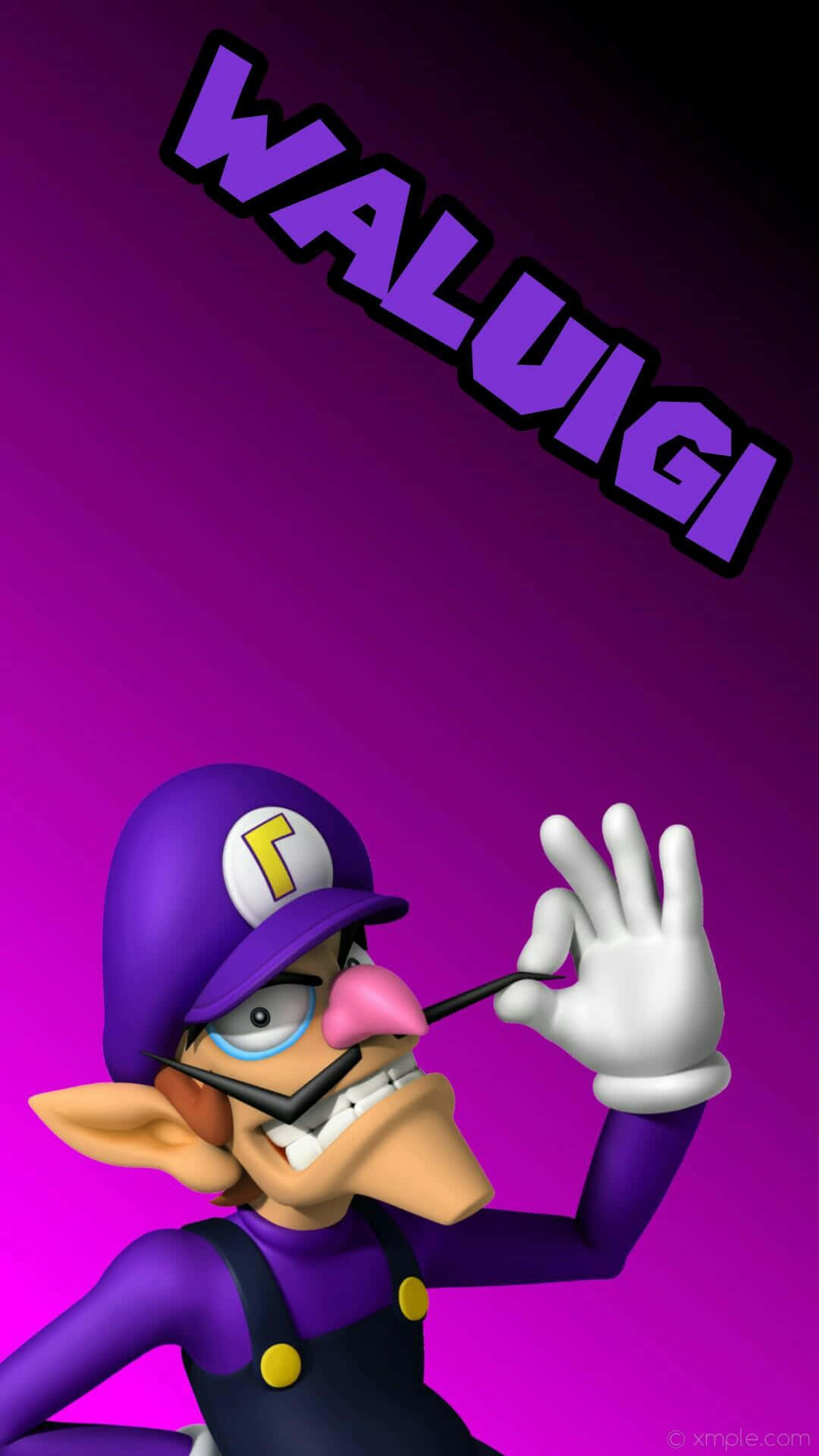 Waluigi 桌布 壁紙 — Waluigi 穿著紫色服裝，手持水管，在充滿活力的紫色漸變背景前露出得意的笑容，他的名字以粗體風格文字呈現。