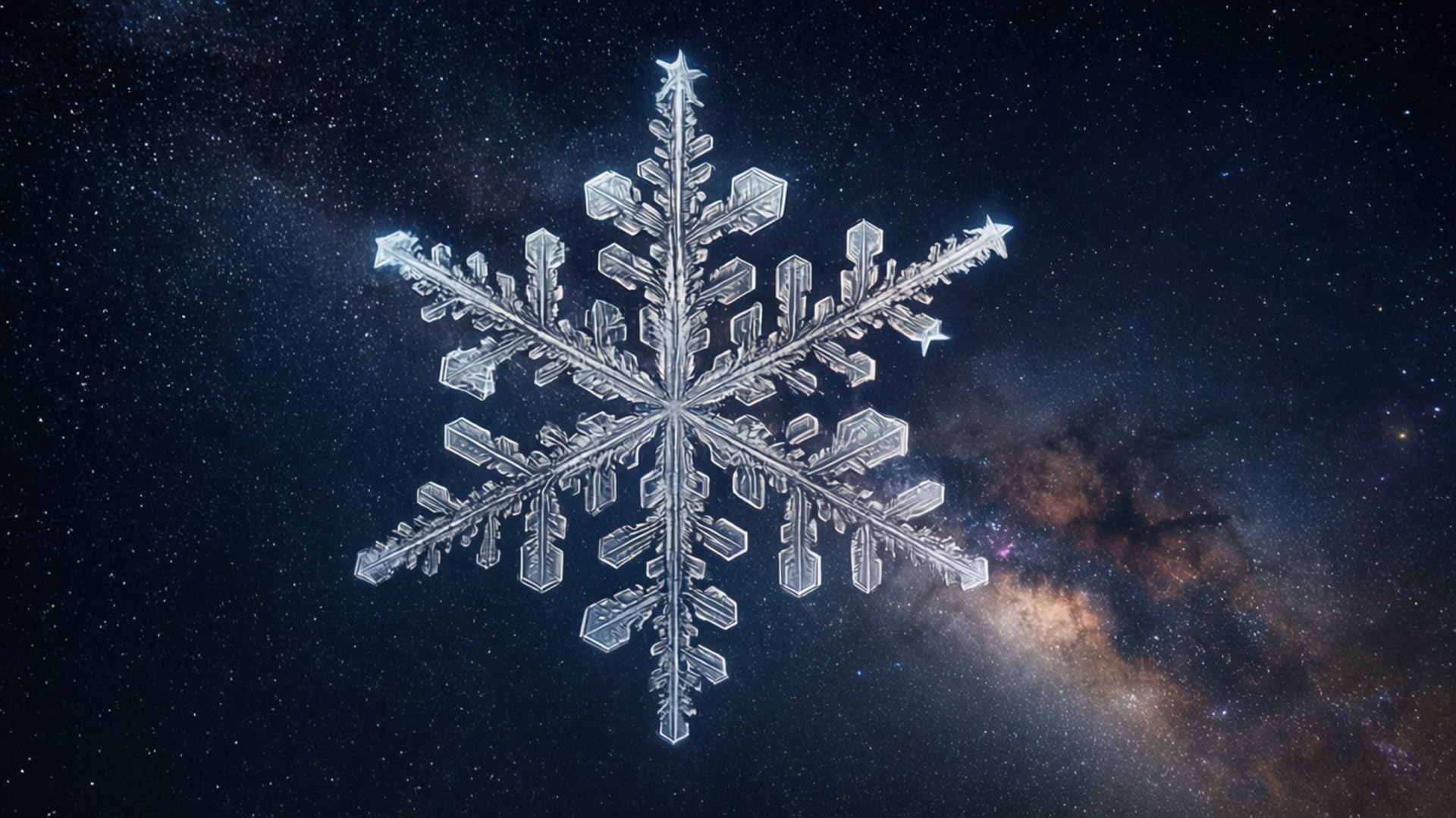Cosmic Star Snowflake 壁紙 — 完美對稱的結晶雪花漂浮在星光燦爛的宇宙背景中，伴隨著發光的星雲。