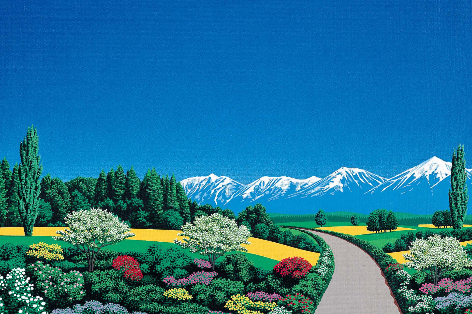  壁紙 — 一條蜿蜒的道路穿過色彩繽紛的花園，通往晴朗藍天下白雪覆蓋的山峰。
