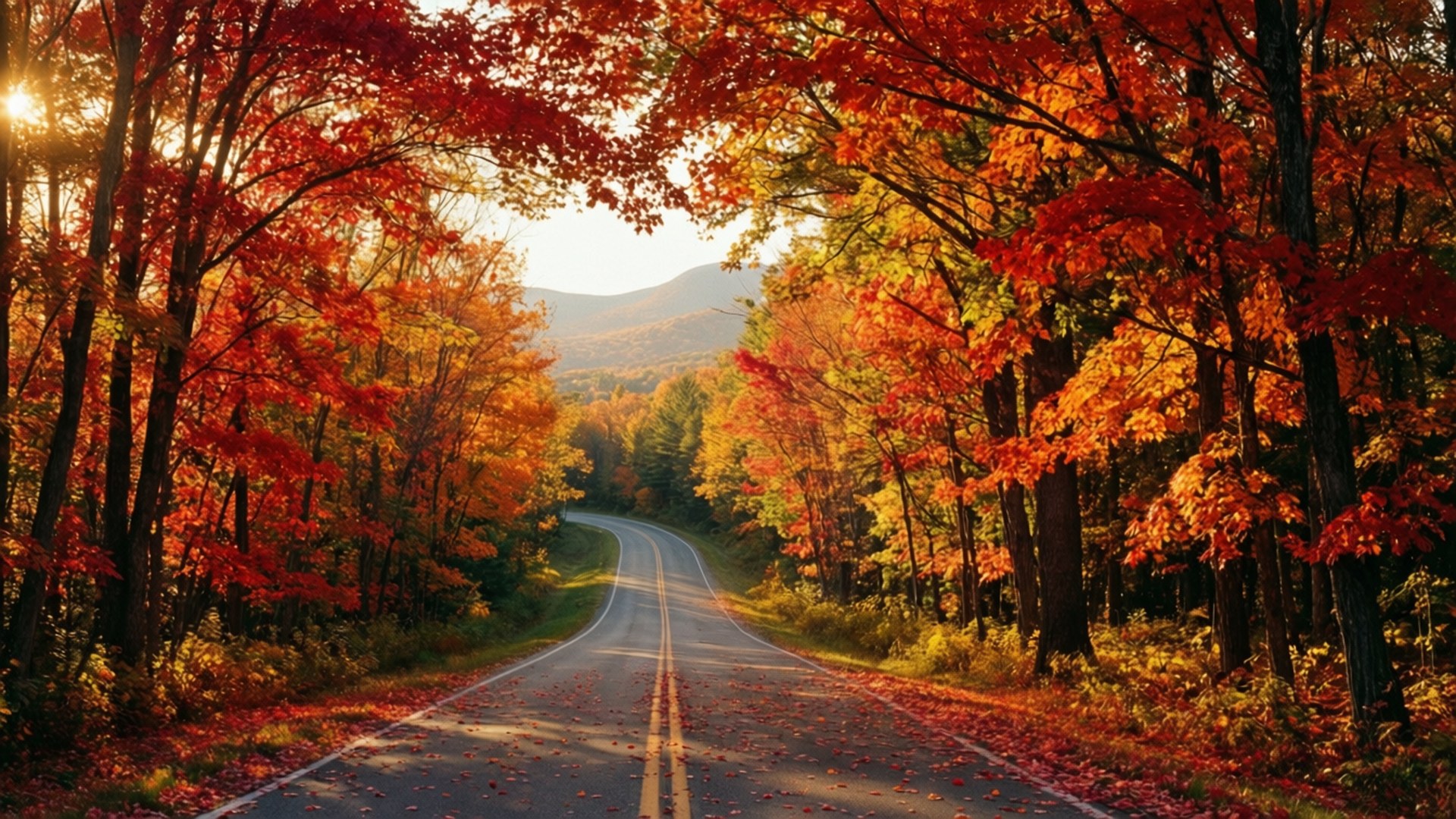 佛蒙特 桌布 壁紙 — 一條蜿蜒的道路穿過充滿活力的秋日森林，火紅和橙色的樹葉在日出時拱起在道路上空。