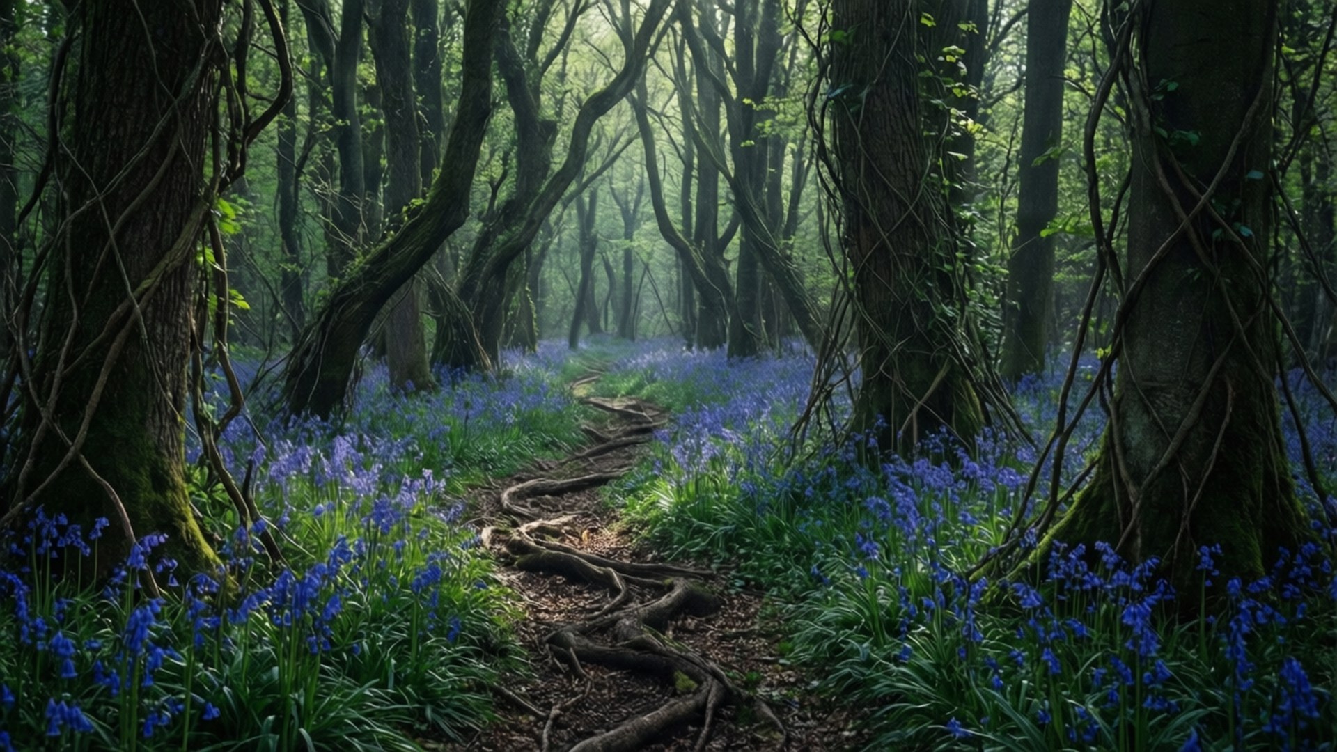 Bluebell Trail in Dark Forest 壁紙 — 一條蜿蜒的根徑穿過霧氣瀰漫的森林，鋪滿鮮豔的藍鈴花，斑駁的陽光灑落其間。
