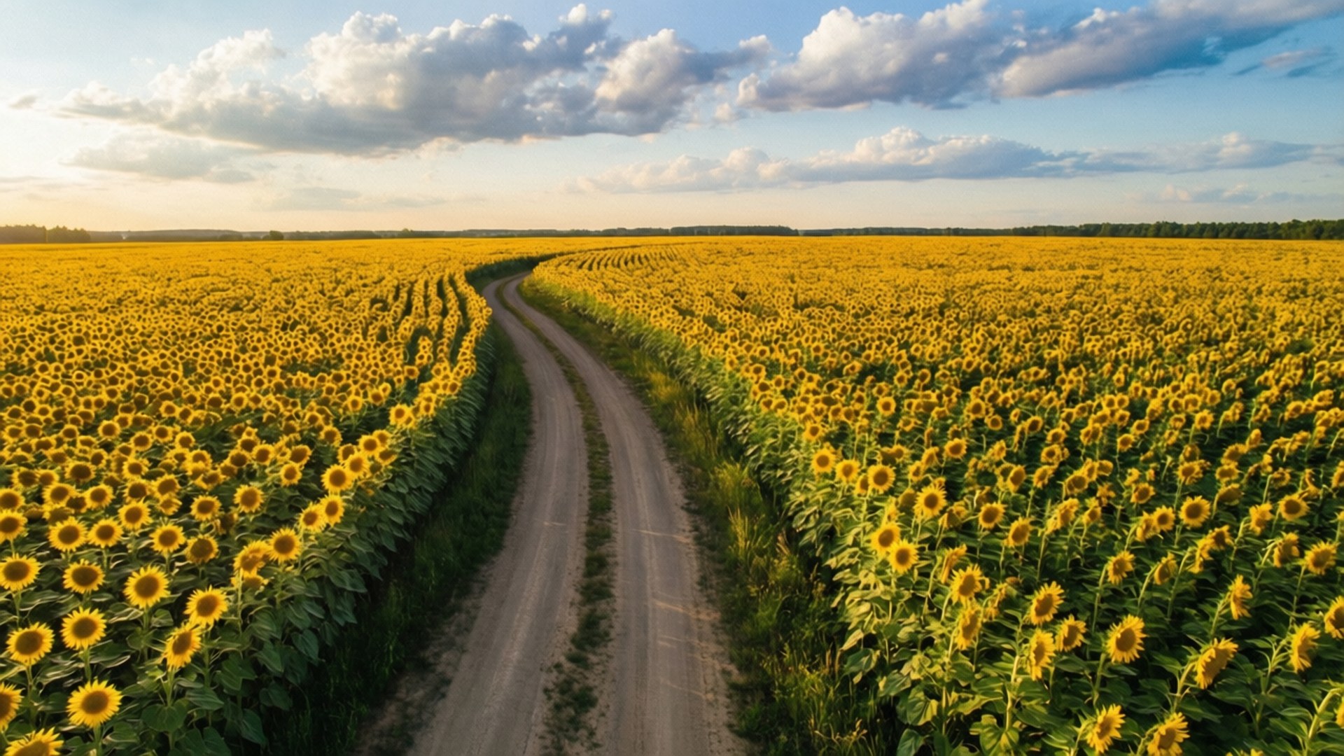 Aerial Sunflower Road 壁紙 — 一條蜿蜒的泥土路穿過廣闊的亮黃色向日葵田，天空部分多雲，正值黃金時刻。