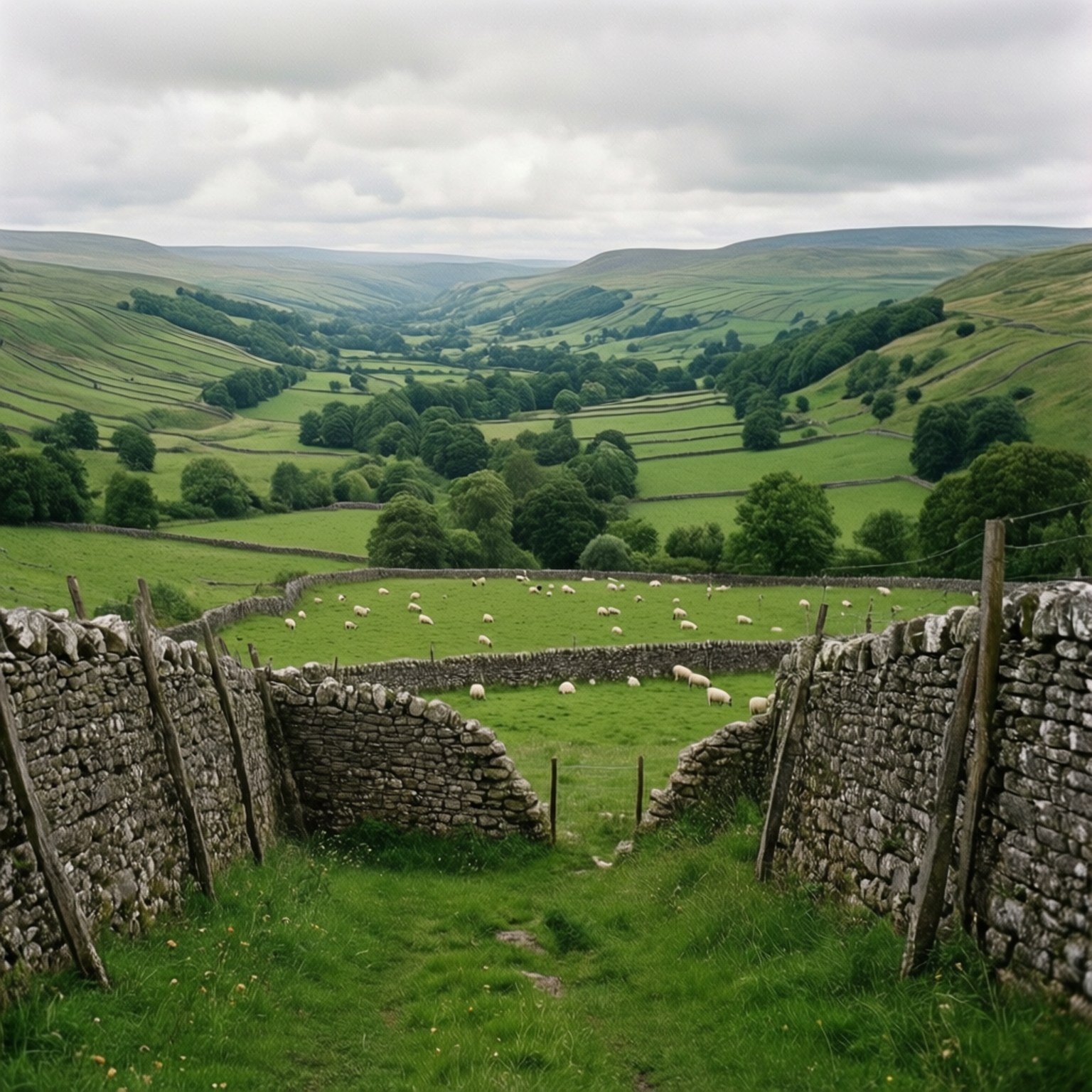 Yorkshire Dales Peace 壁紙 — 蜿蜒的石籬笆穿過鬱鬱蔥蔥的綠色山丘，點綴著在陰天天空下吃草的綿羊。