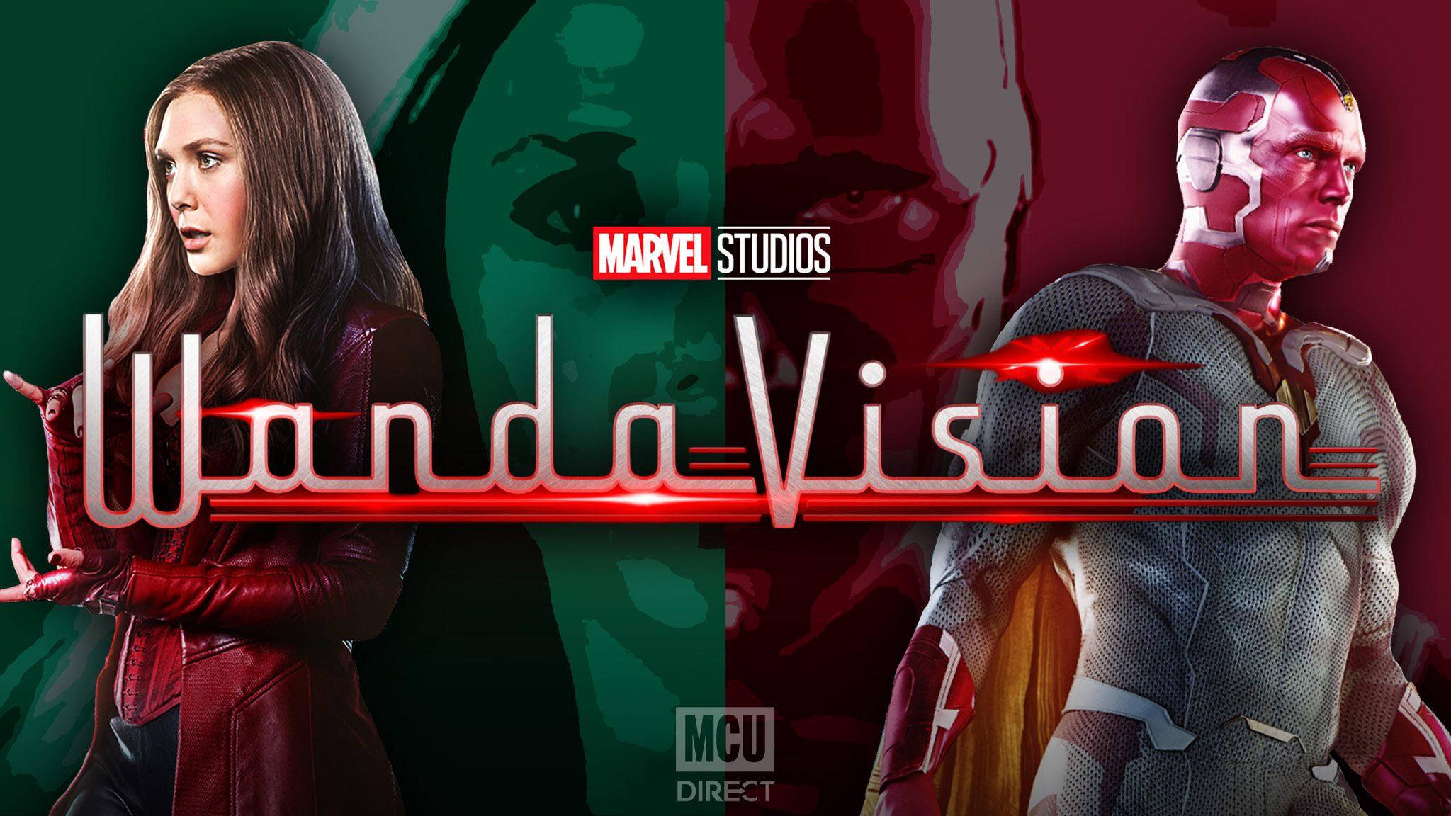 Wandavision 桌布 壁紙 — Wanda Maximoff 和 Vision 站在一個分屏的 Marvel Studios 宣傳海報中，帶有發光的紅色標題文字。