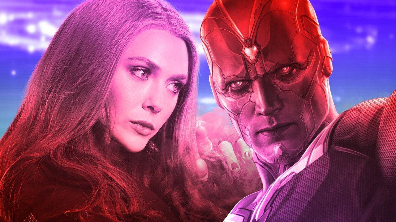 Wandavision 桌布 壁紙 — Wanda Maximoff 與 Vision 在一個沐浴在紅色和紫色光線中的戲劇性宇宙場景中對峙。