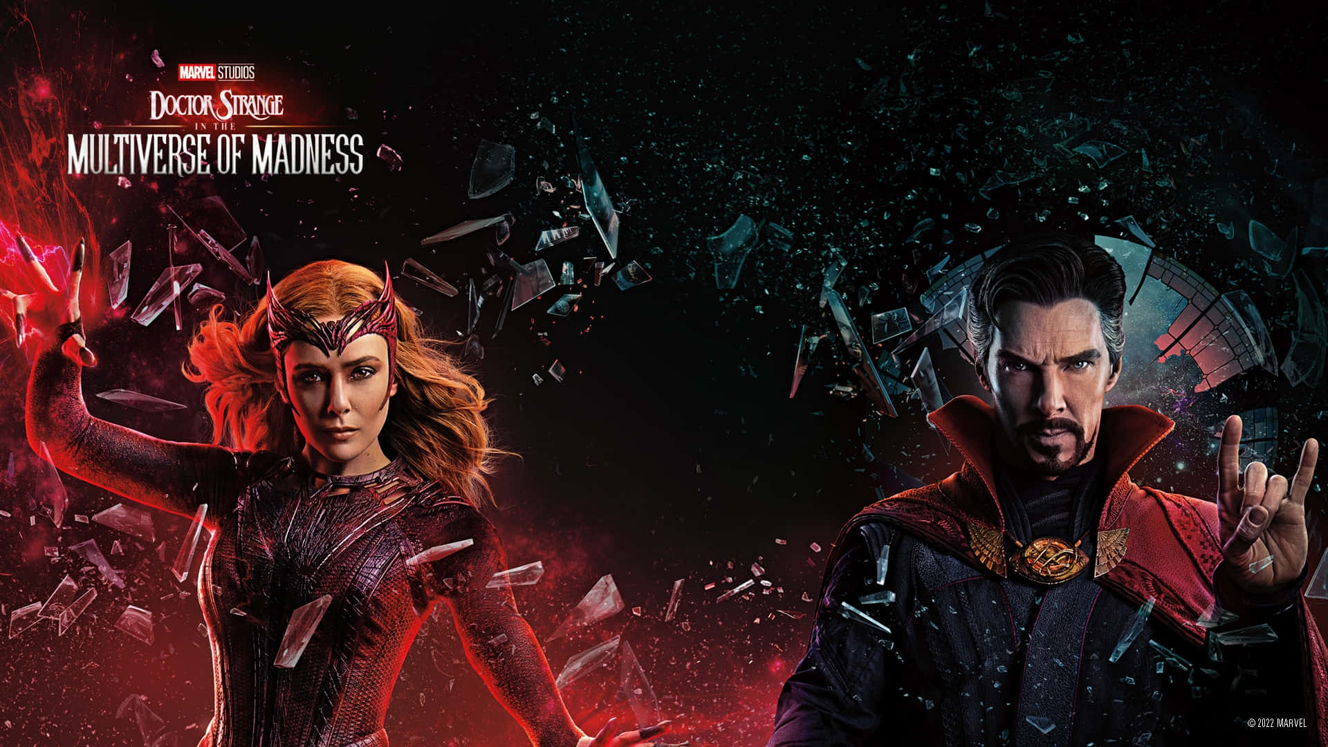 Dr Strange 桌布 壁紙 — Wanda Maximoff 與奇異博士在破碎玻璃和宇宙能量中，於黑暗、紅光閃爍的多元宇宙戰鬥場景中交鋒。