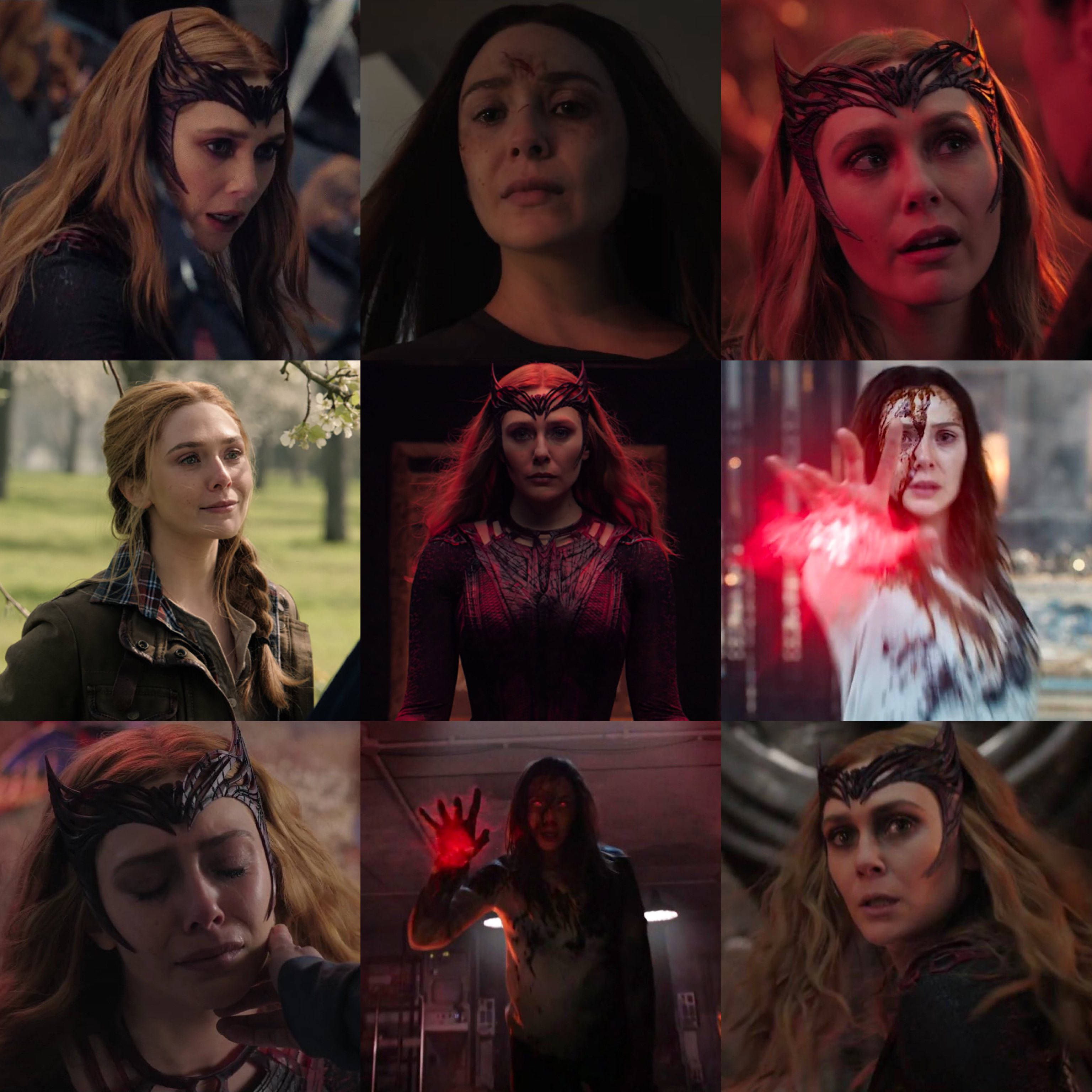 Wanda 桌布 壁紙 — Wanda Maximoff 處於各種情緒狀態，戴著她標誌性的巫術頭飾和紅色發光力量。