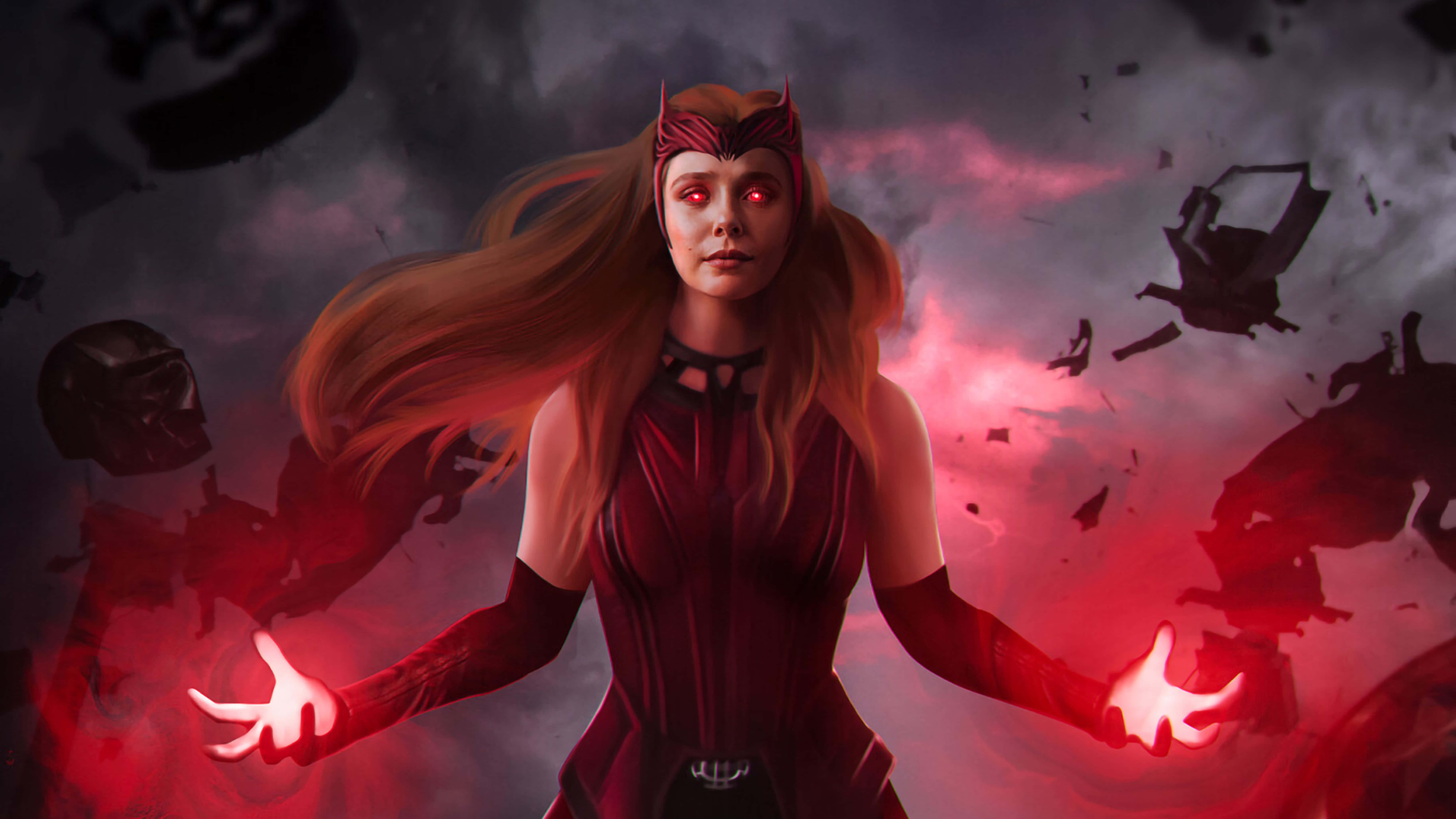 漫威 桌布 壁紙 — Wanda Maximoff 身穿紅色服裝，在黑暗風暴的天空中引導神秘能量，碎片在她周圍飛舞。