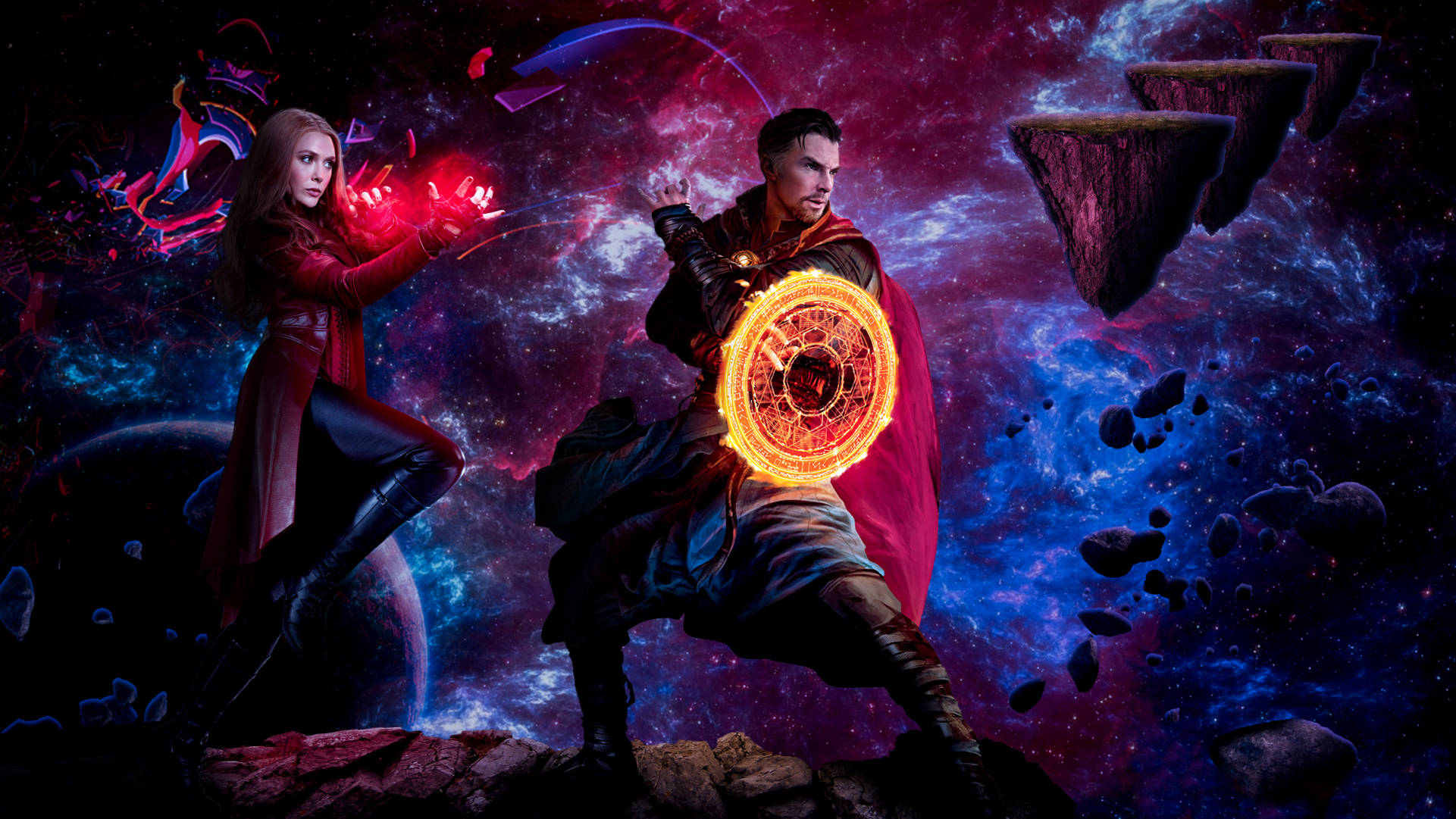 多重宇宙 桌布 壁紙 — Wanda 與奇異博士在一個有浮島和發光魔法能量的宇宙虛空中戰鬥。