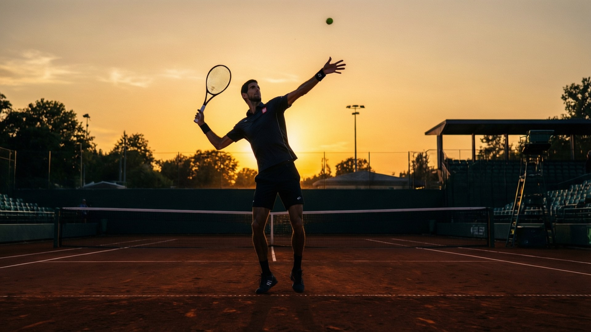 Sunset Serve 壁紙 — 一名網球運動員在金色夕陽的映襯下，在紅土場上將球拋向空中。