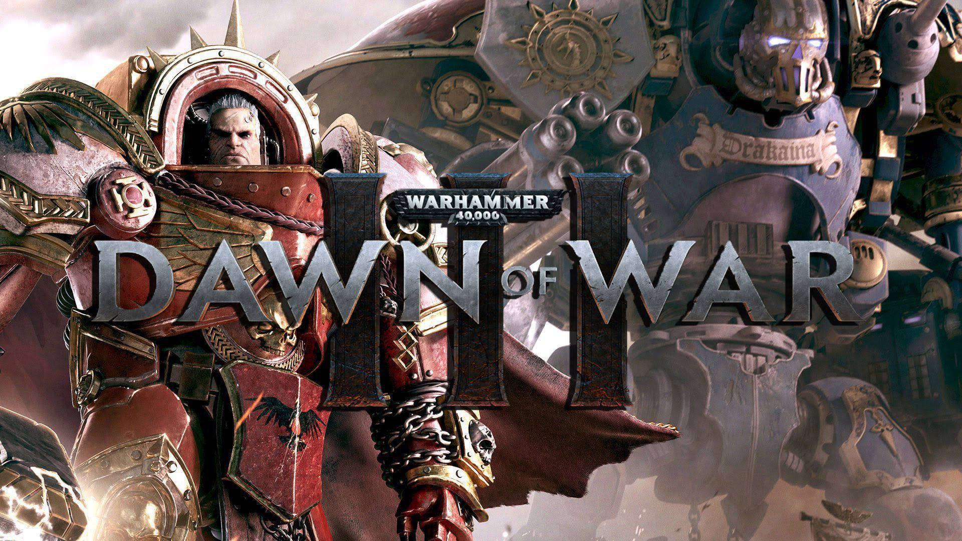 電玩遊戲 桌布 壁紙 — Warhammer 40k Dawn of War II 標題畫面，展示身穿戰鬥裝備的裝甲星際戰士，背景是煙霧瀰漫的戰場。