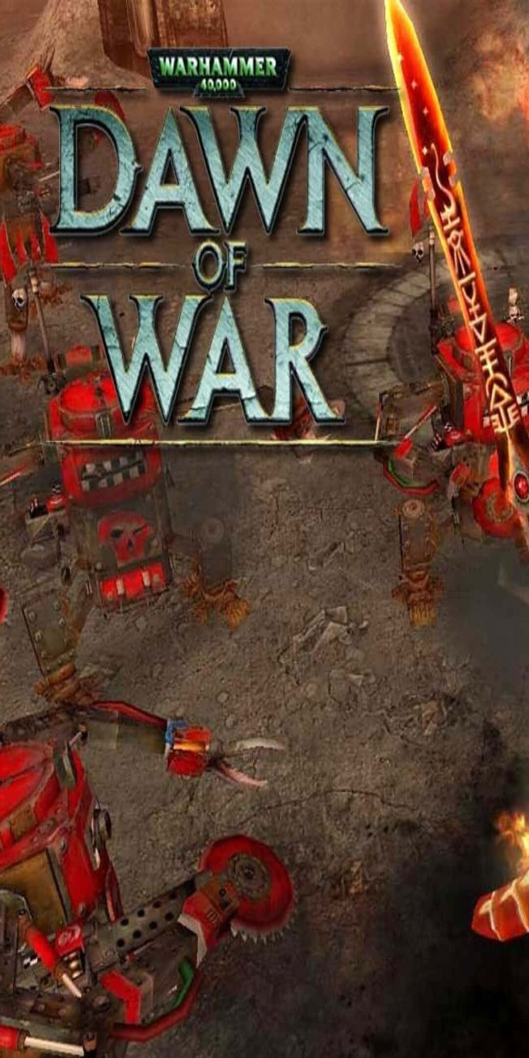 電玩遊戲 桌布 壁紙 — Warhammer 40k Dawn of War 標題畫面，顯示紅色裝甲戰士和發光武器在裂開的戰場上。