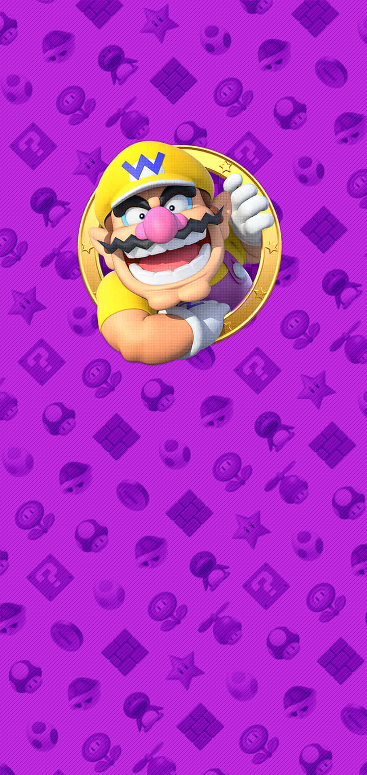wario 桌布 壁紙 — Wario 在金色硬幣框架中得意地笑，背景是帶有遊戲圖標的鮮豔紫色。