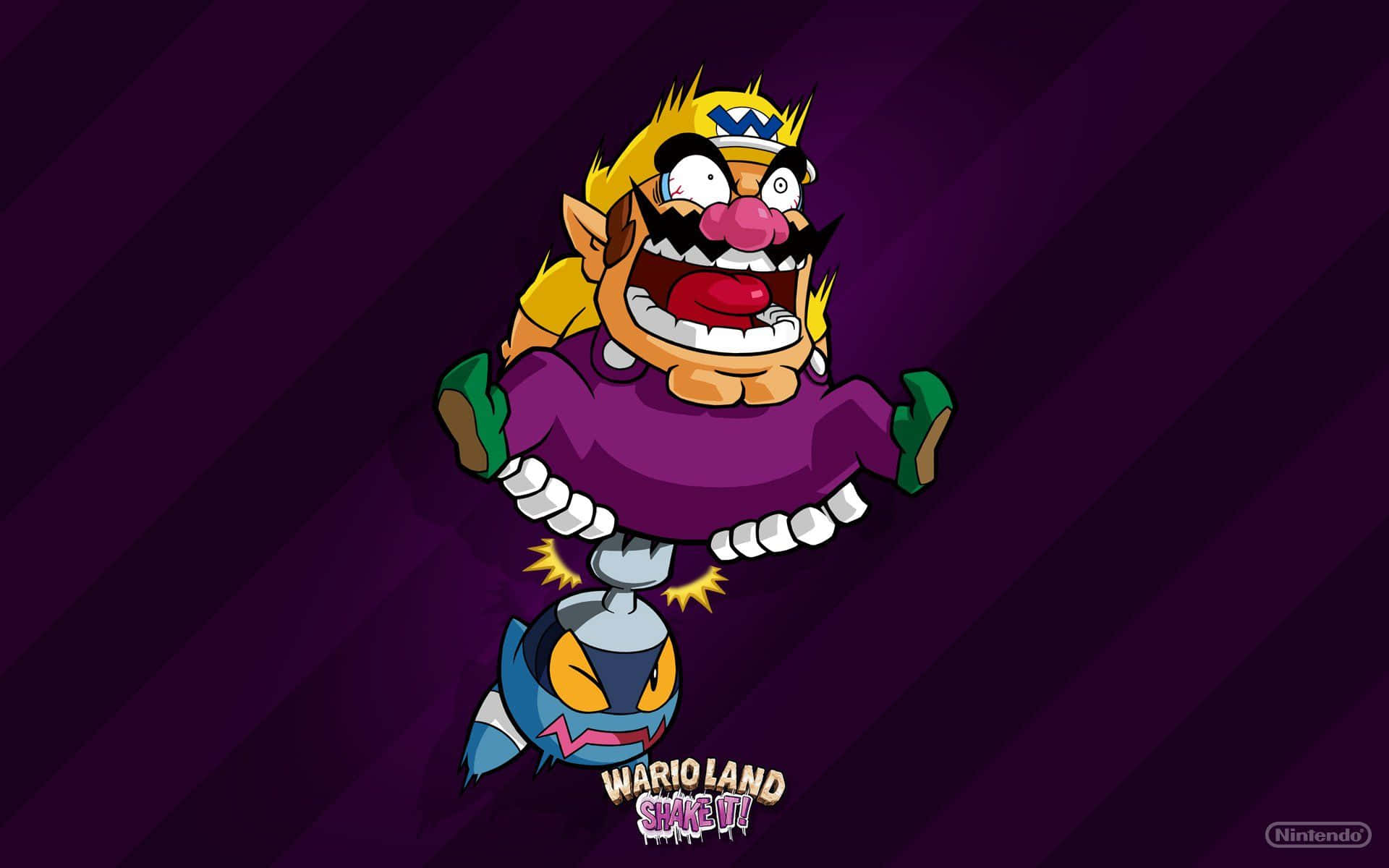 wario 桌布 壁紙 — Wario 身穿紫色襯衫和黃色帽子，在深紫色條紋背景前，狂笑著抱著一個眼睛發光的藍色機器人。